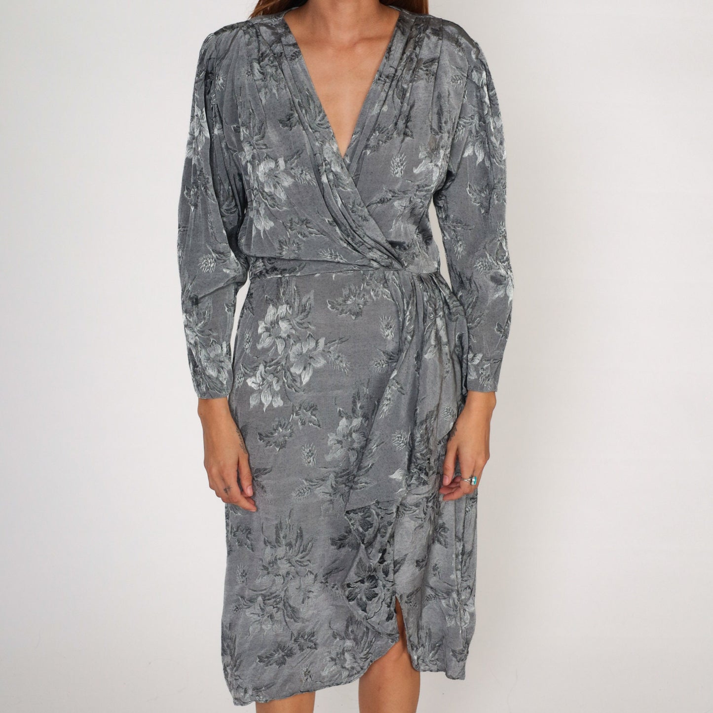 90s April Rain Floral Wrap Dress Grey Embossed Midi Deep V Neck Medium