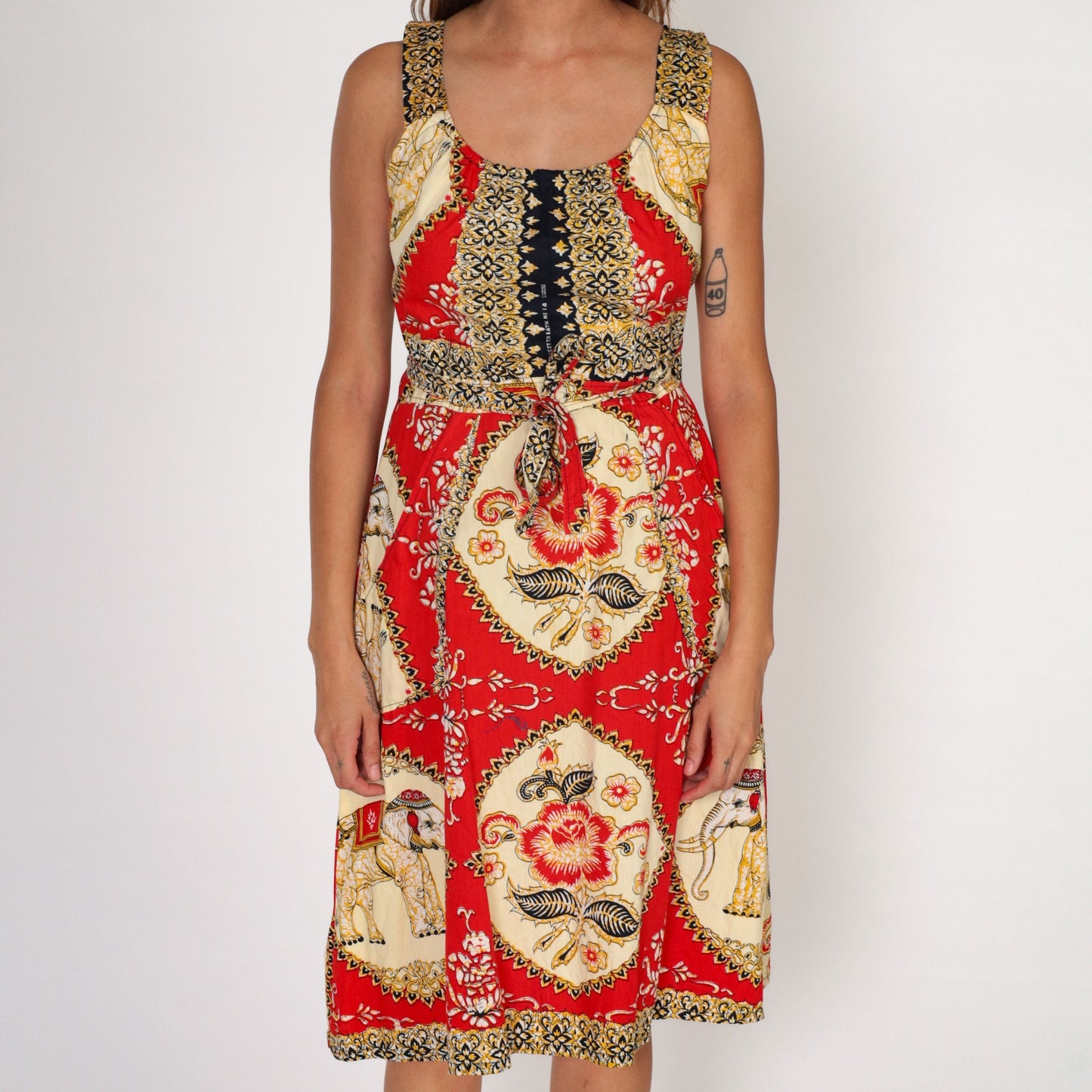Y2K Red Batik Floral Elephant Midi Wrap Dress Cotton Sleeveless Pockets Medium Large