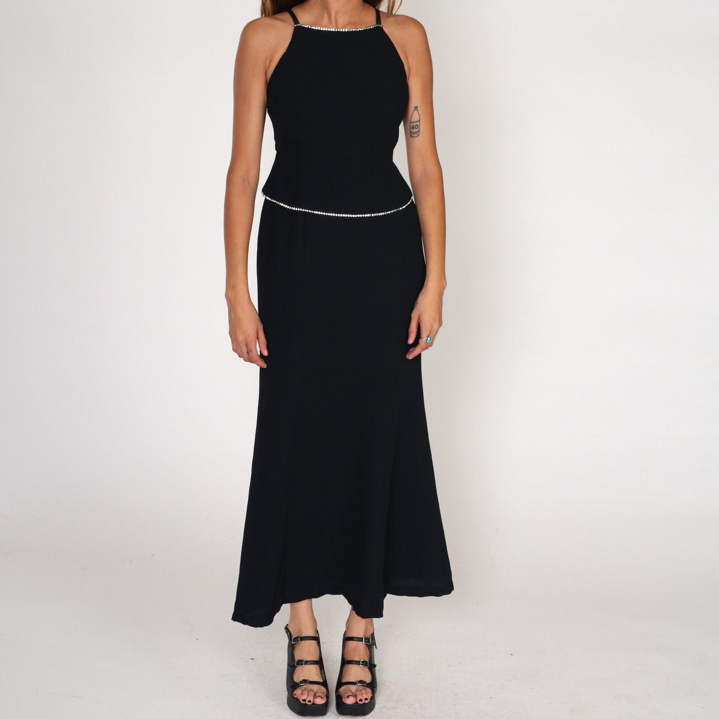 90s Jones New York Black Maxi Dress Rhinestone Racerback Spaghetti Strap Small