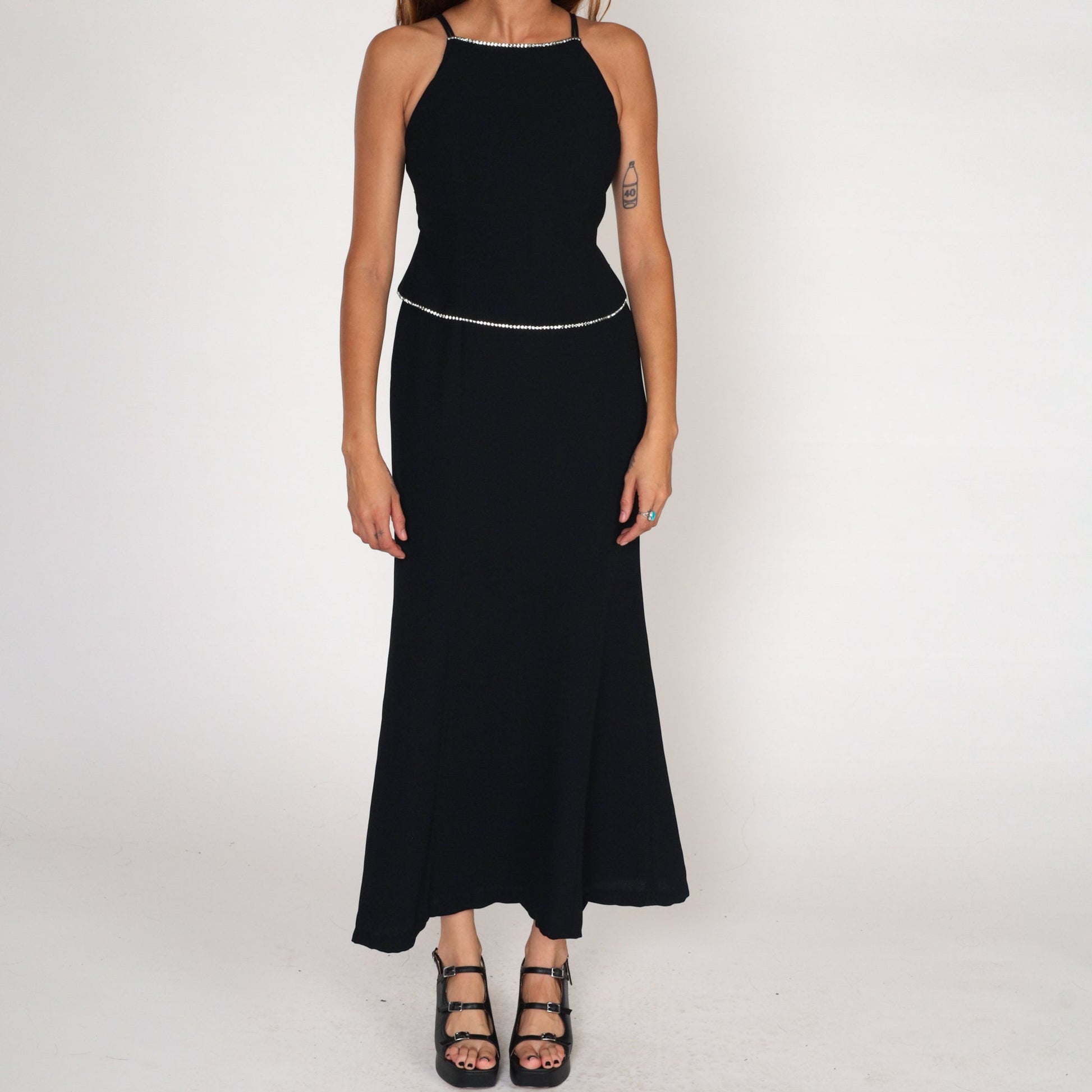 90s Jones New York Black Maxi Dress Rhinestone Racerback Spaghetti Strap Small