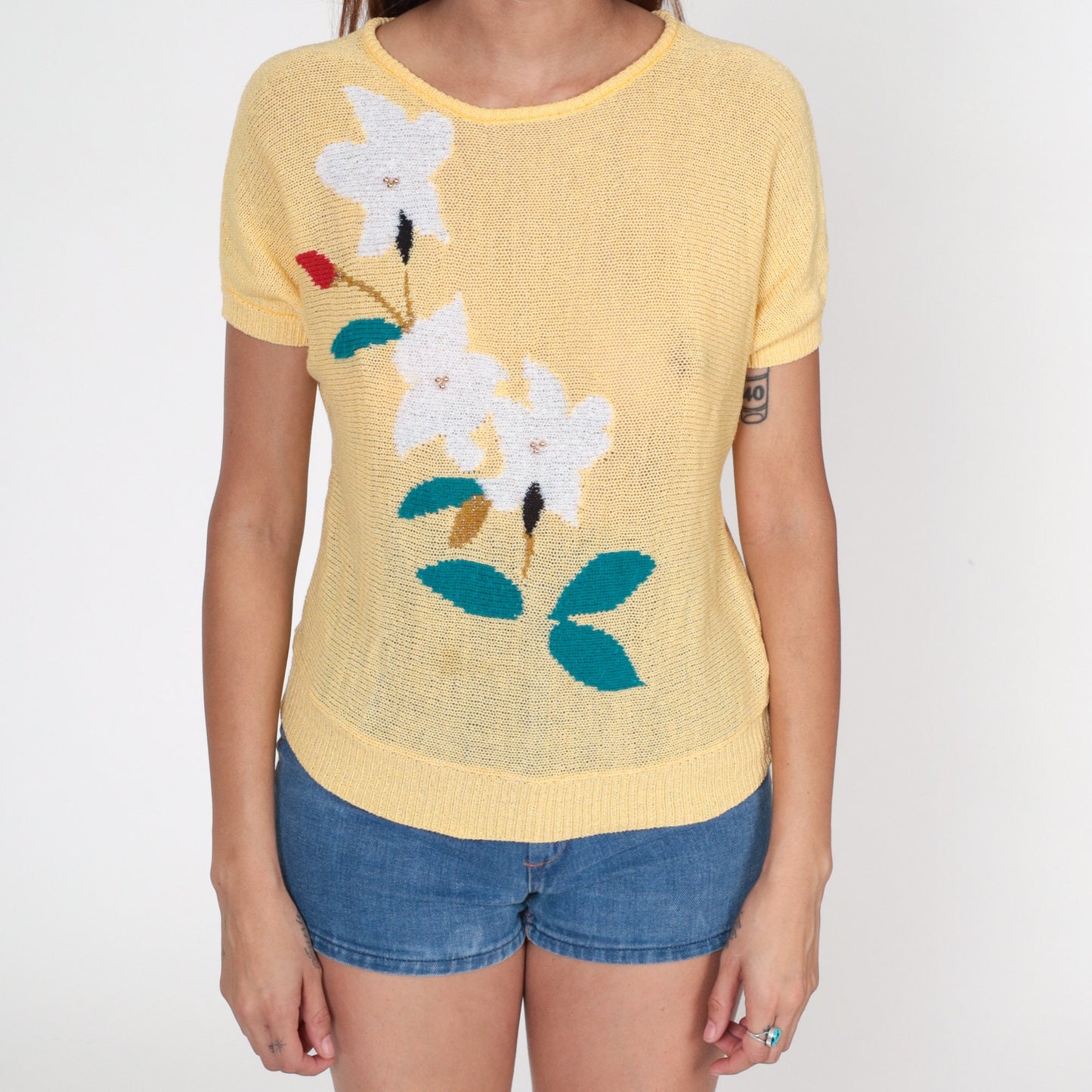 80s Beaded Floral Yellow Knit Top Short Sleeve Slouchy Blouse Extra Small XS