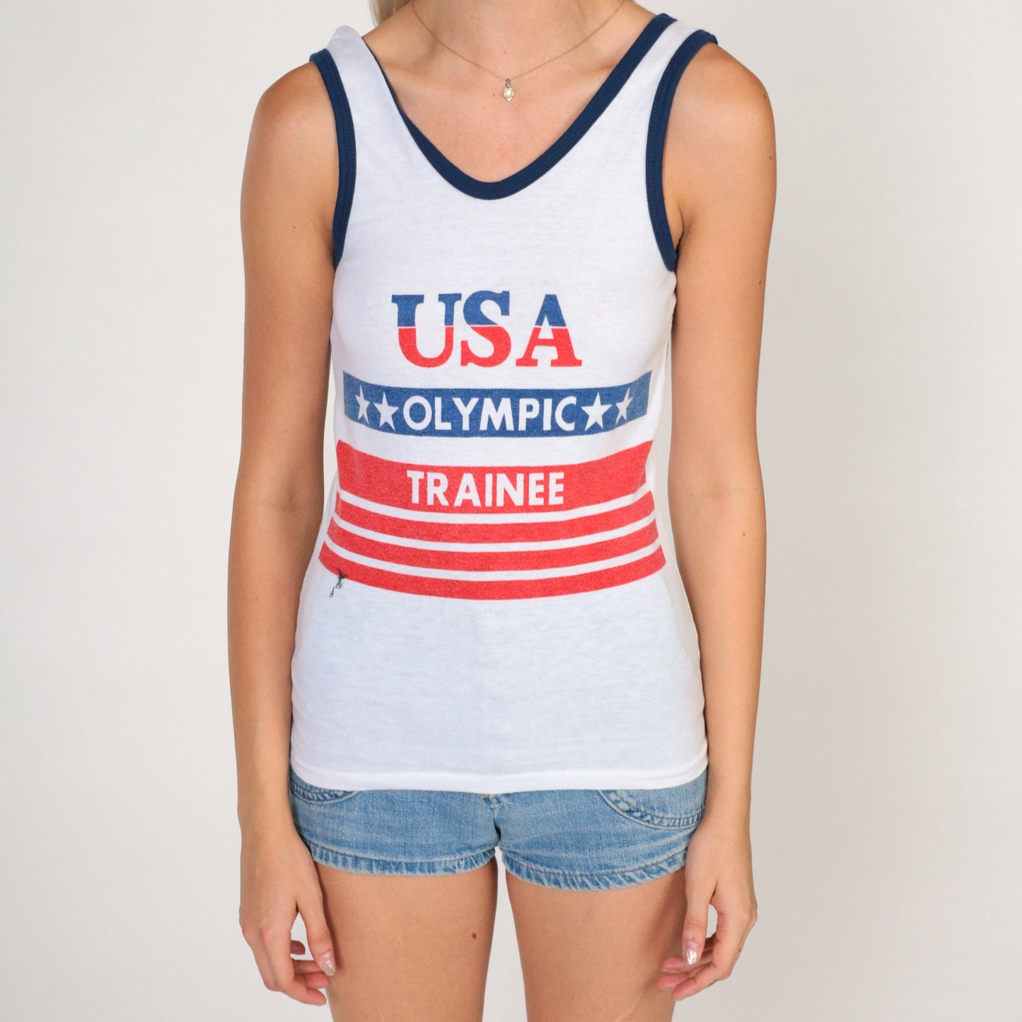 80s USA American Flag Ringer Tank Top White Graphic Single Stitch Extra Small