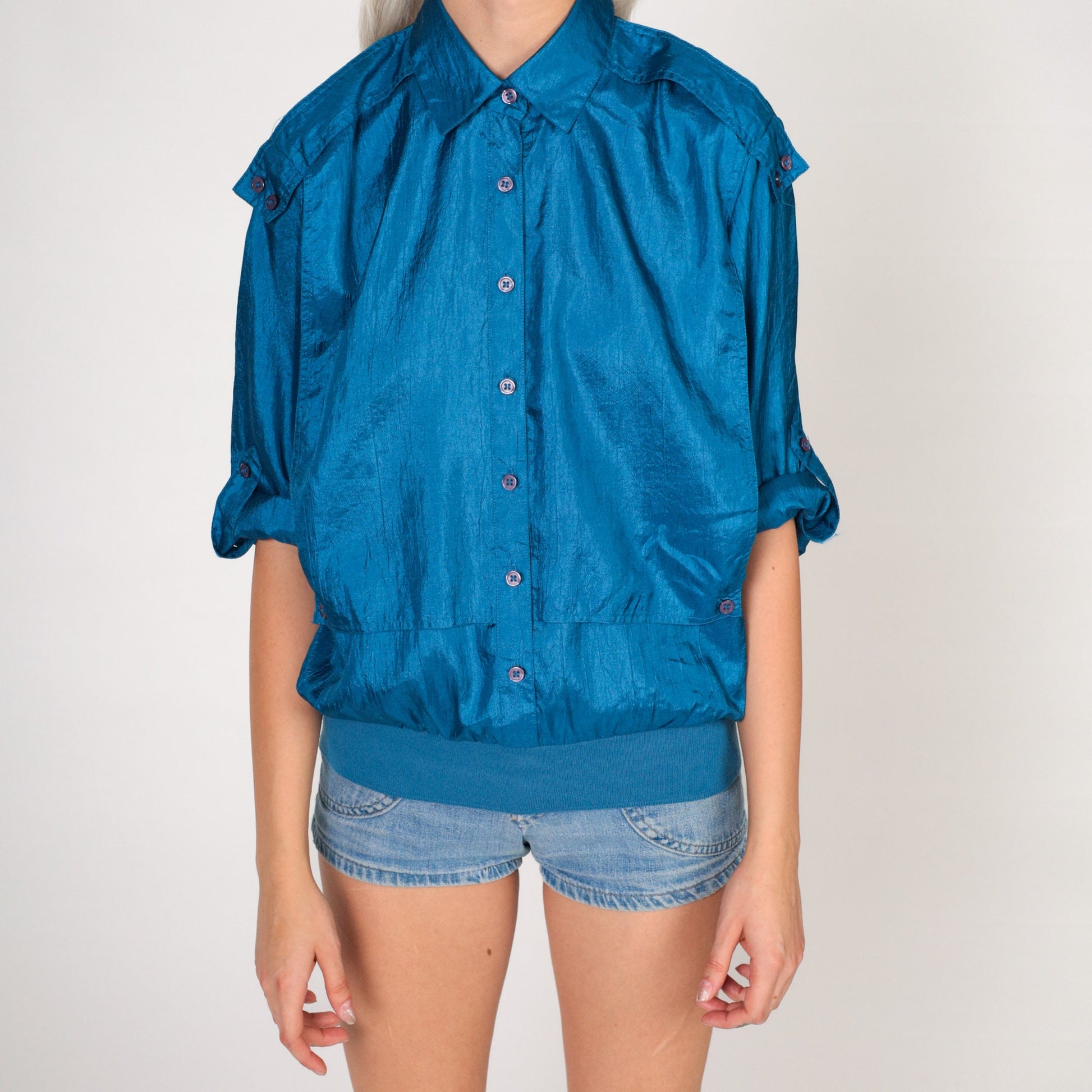 80s Shiny Blue Button-Up Blouse Epaulette Shoulder Large L