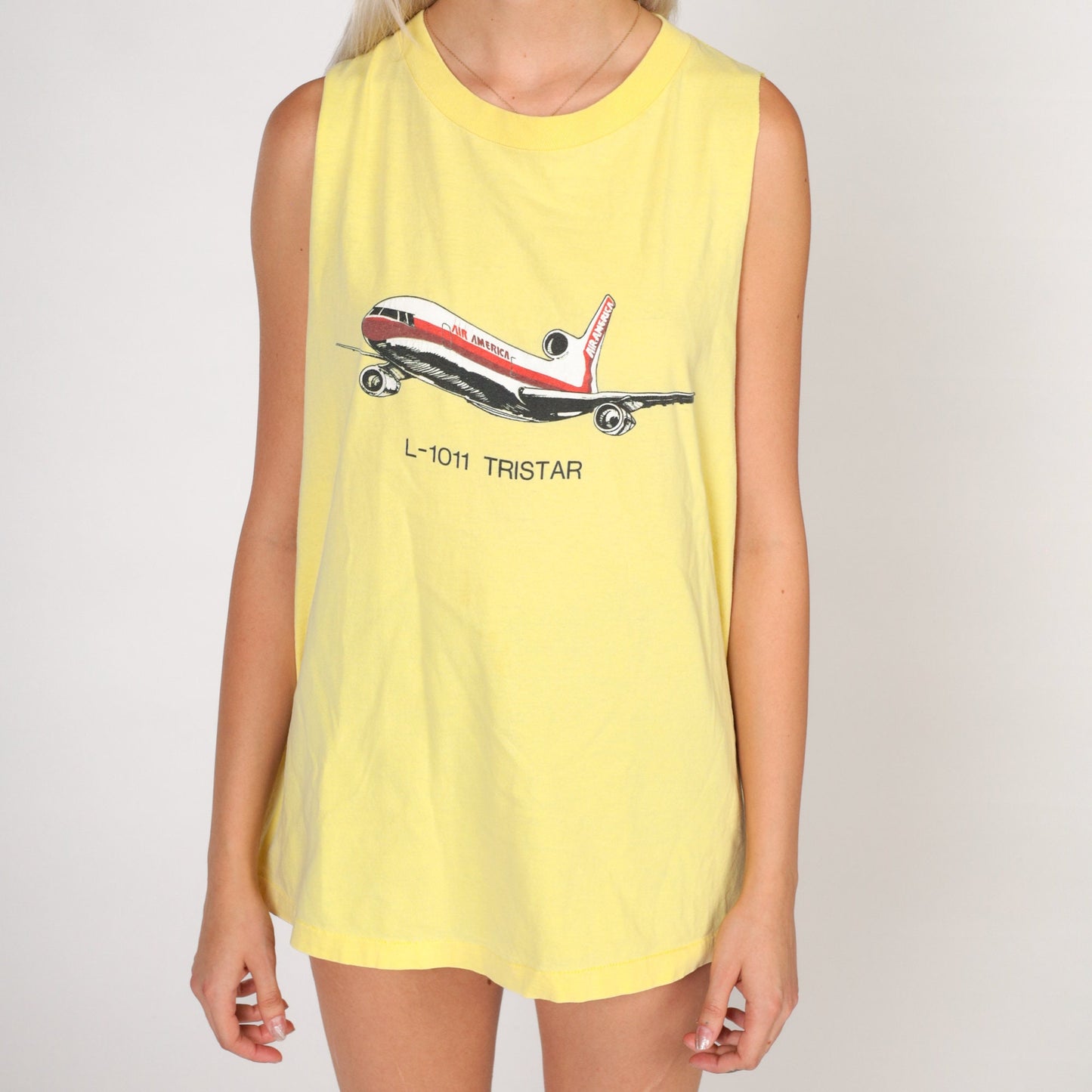 90s L-1011 TriStar Airplane Graphic Muscle Tank Yellow Medium Large