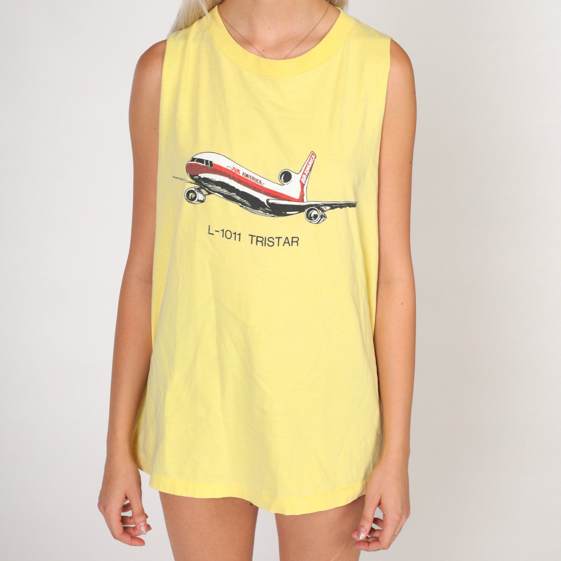 90s L-1011 TriStar Airplane Graphic Muscle Tank Yellow Medium Large