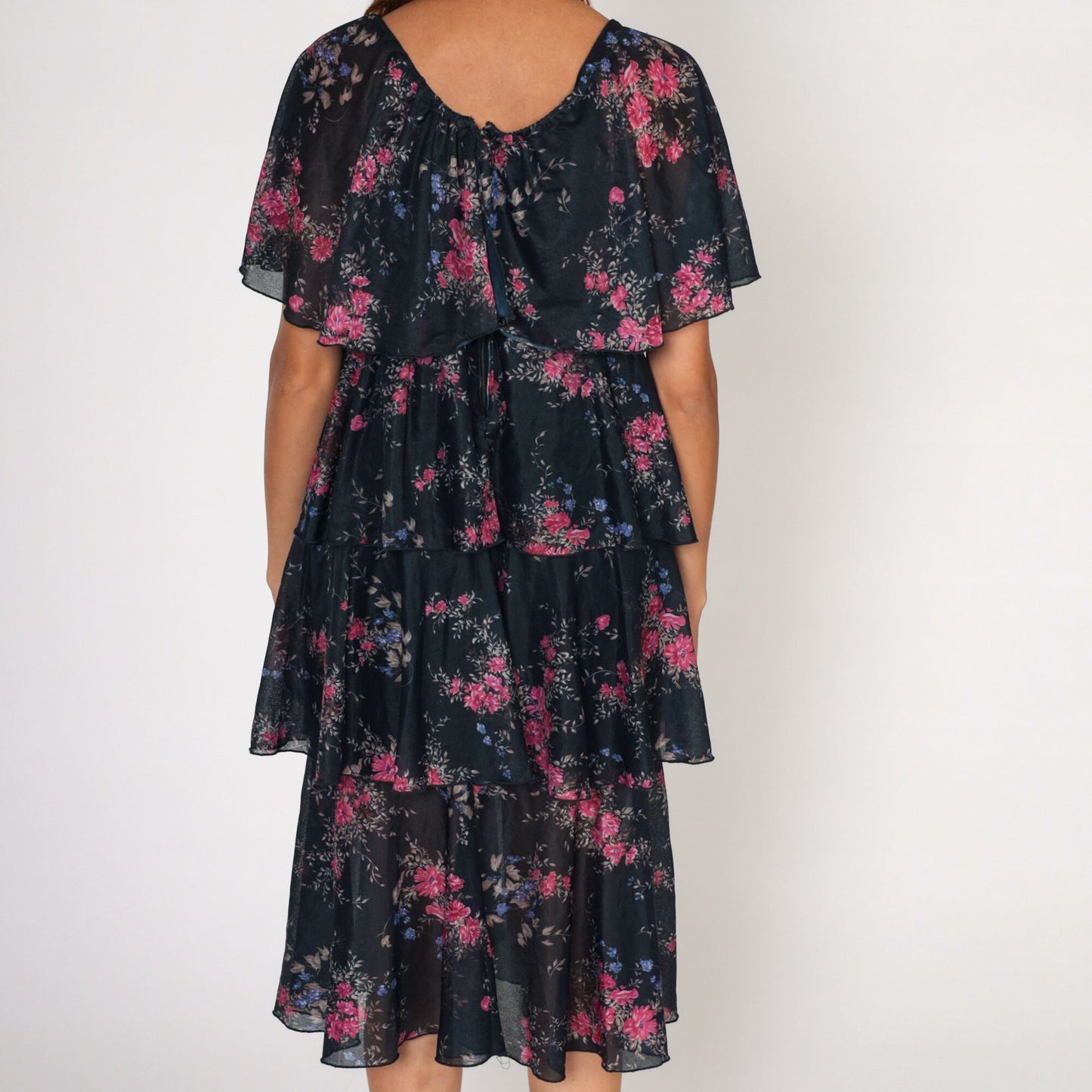 70s Black Floral Tiered Midi Dress Cape Flutter Sleeve Medium Large