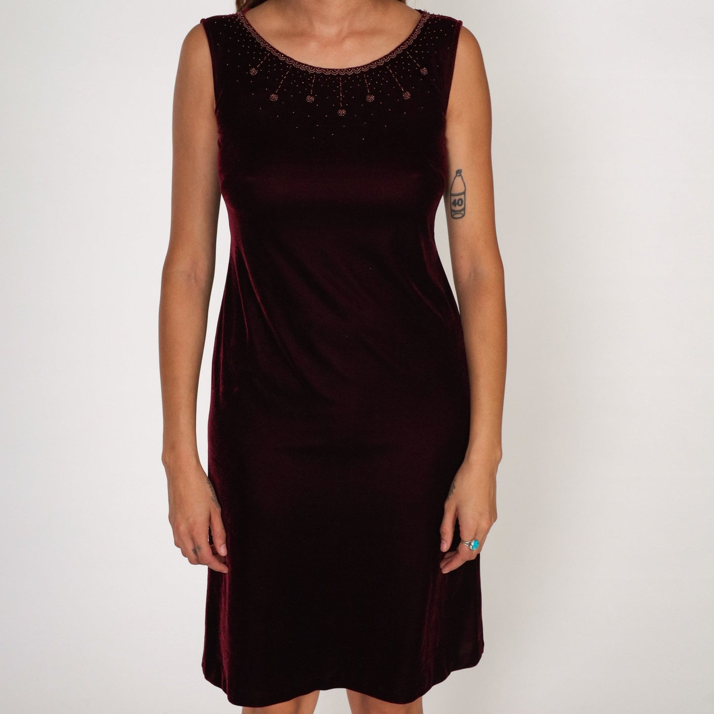 90s Burgundy Velvet Mini Dress Beaded Neckline Sleeveless Sheath Small S