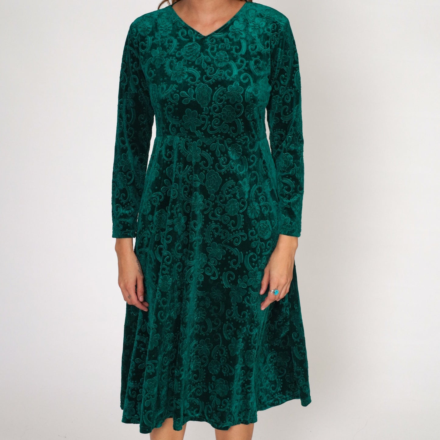 90s Green Floral Velvet Mini Dress Empire Waist Long Sleeve Medium Large