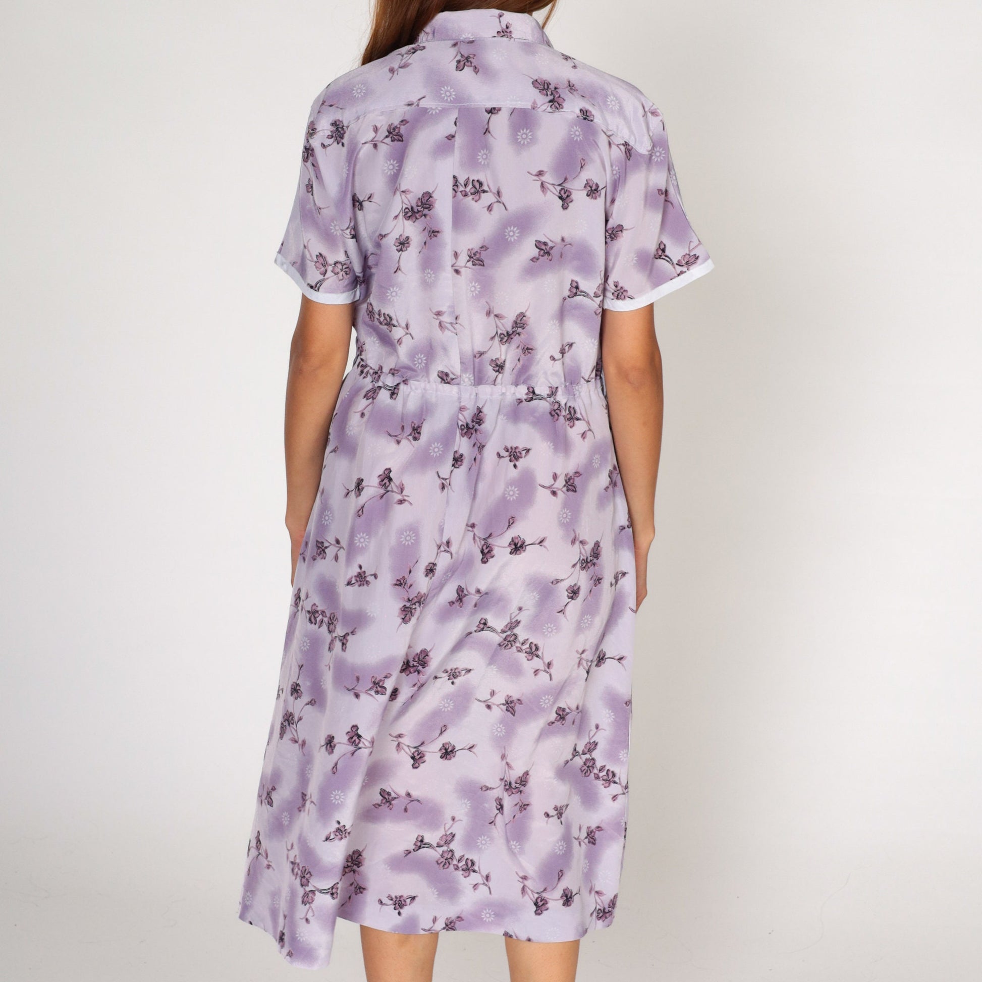 80s Purple Floral Midi Shirtdress High Waist Button Front Short Sleeve Medium Large