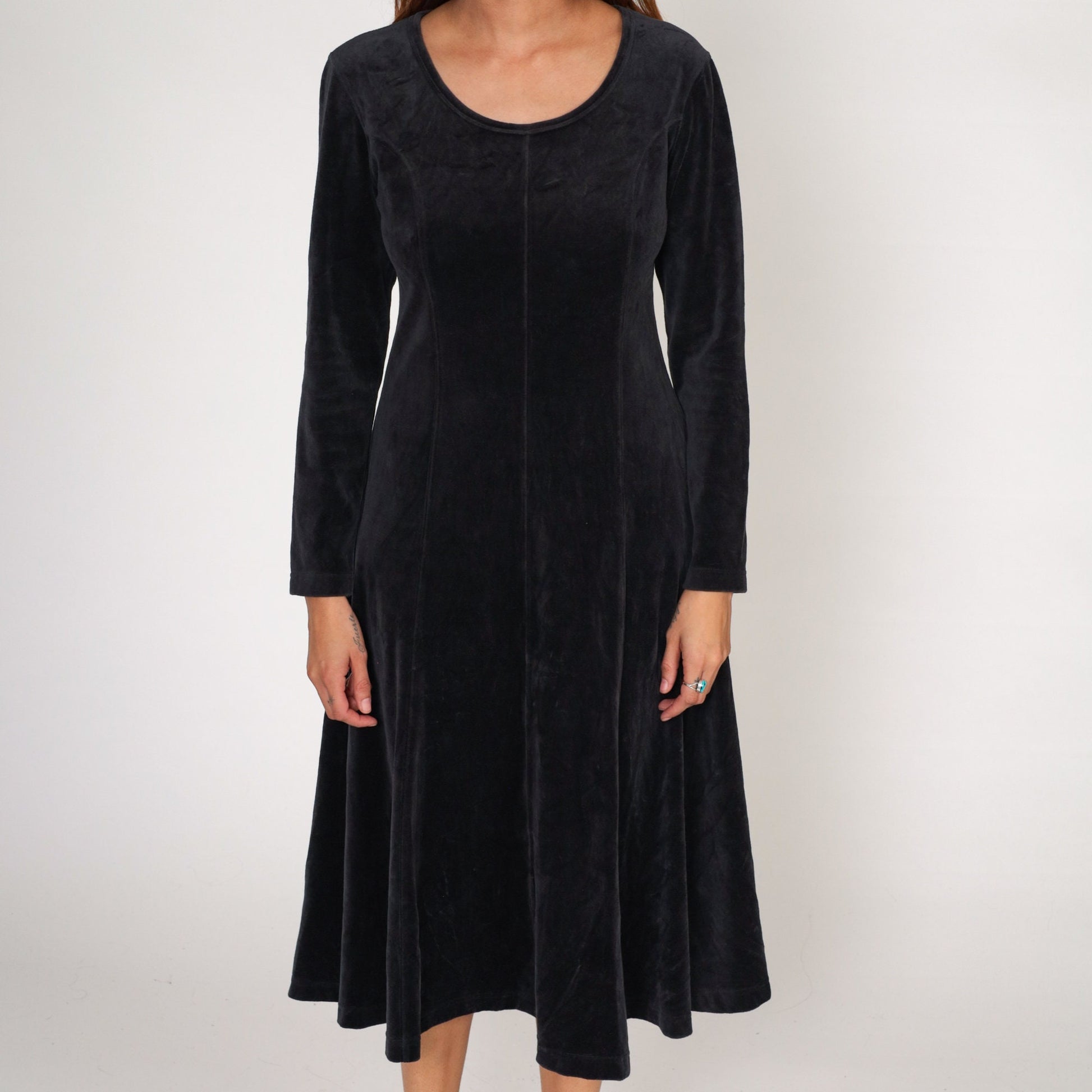 Y2K Black Velour Midi Dress Long Sleeve Princess Seam Small