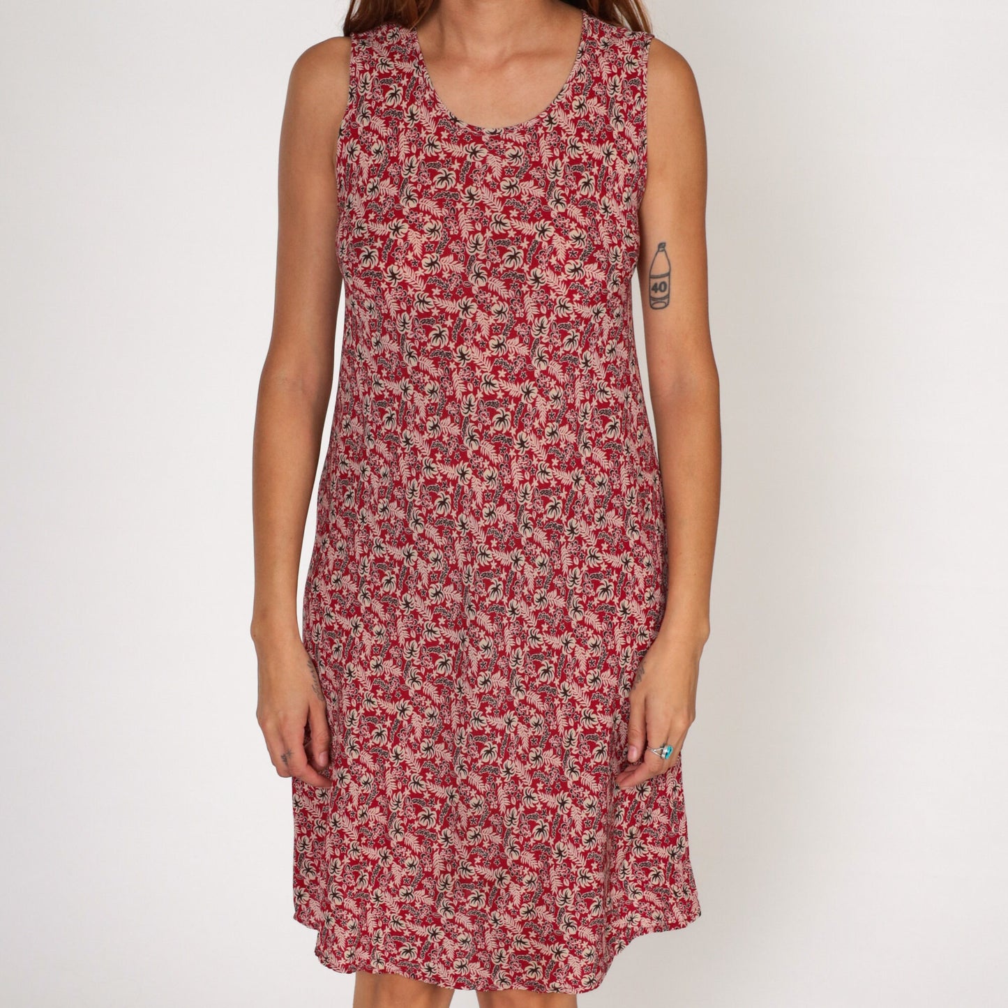 90s Hawaiian Floral Red Hibiscus Shift Dress Sleeveless Knee-Length Small