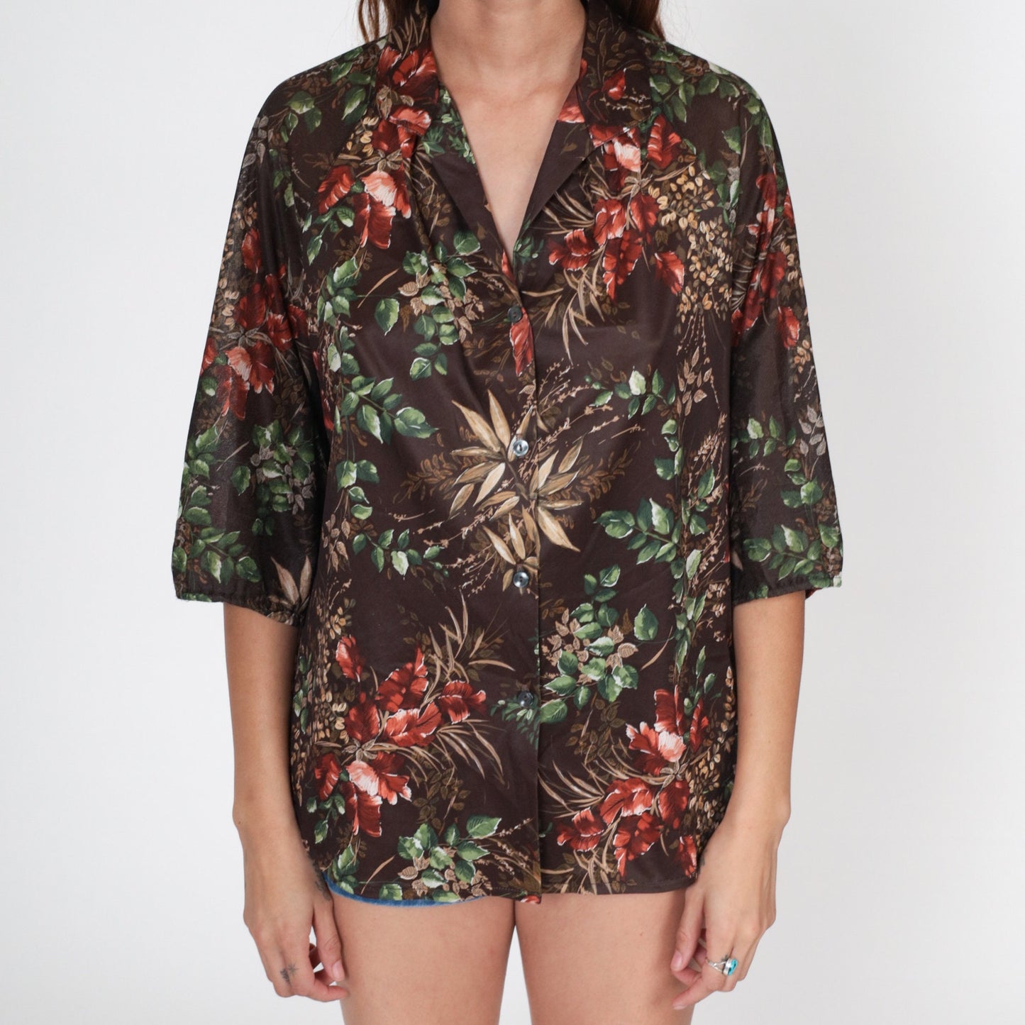 70s Brown Leaf Print Button-Up Blouse 3/4 Raglan Sleeve Large