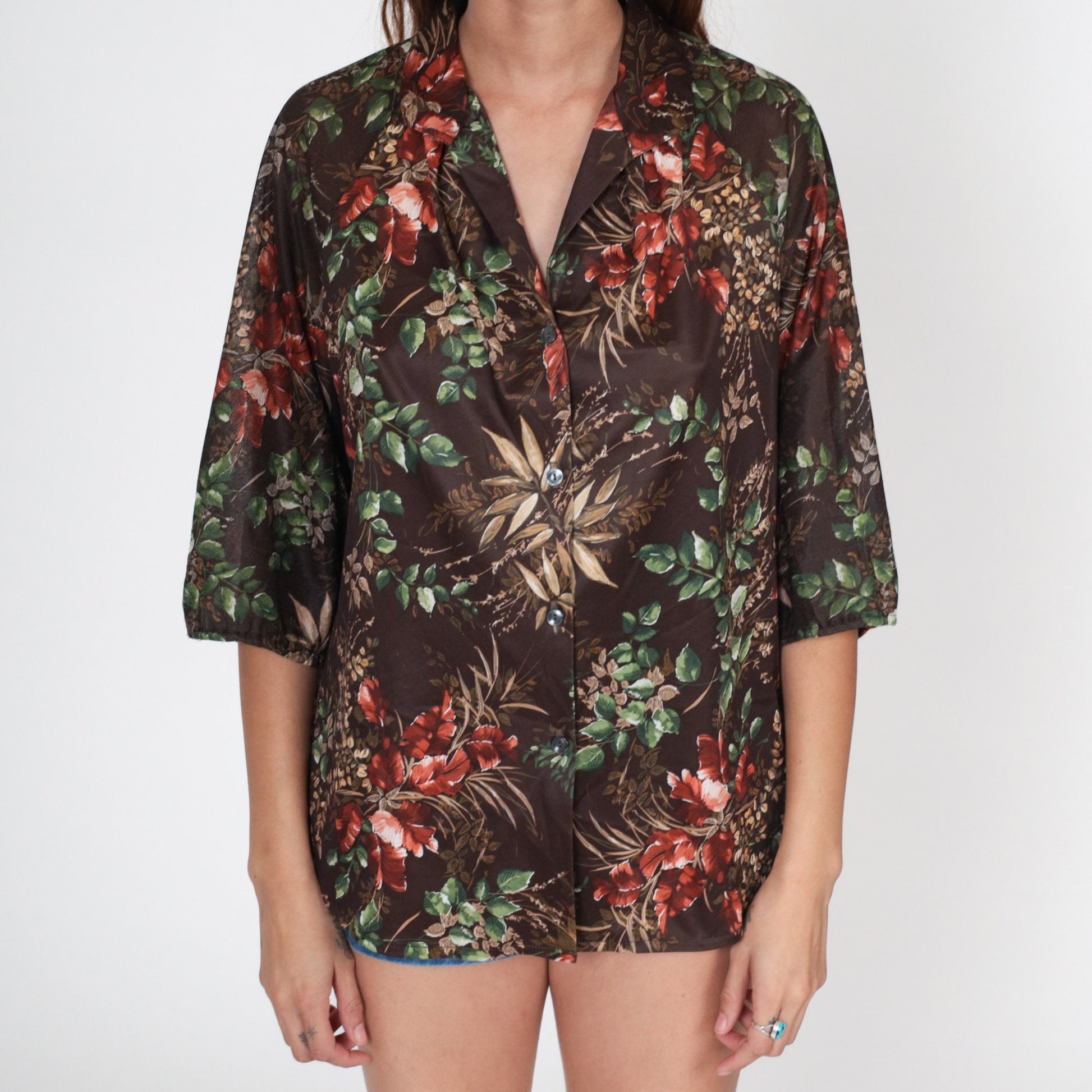70s Brown Leaf Print Button-Up Blouse 3/4 Raglan Sleeve Large