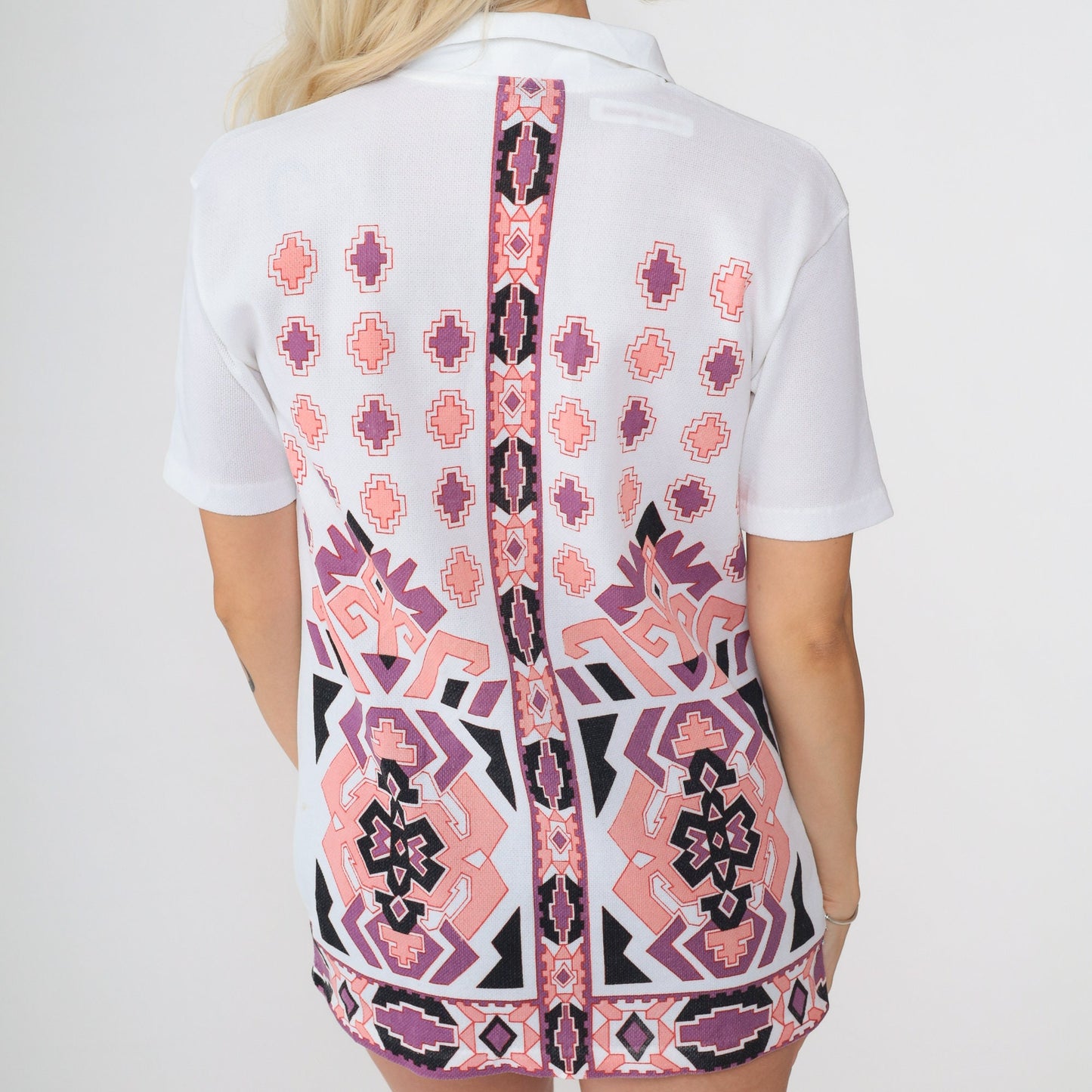 70s Geometric Print Button-Up Blouse White Short Sleeve Shirt Medium