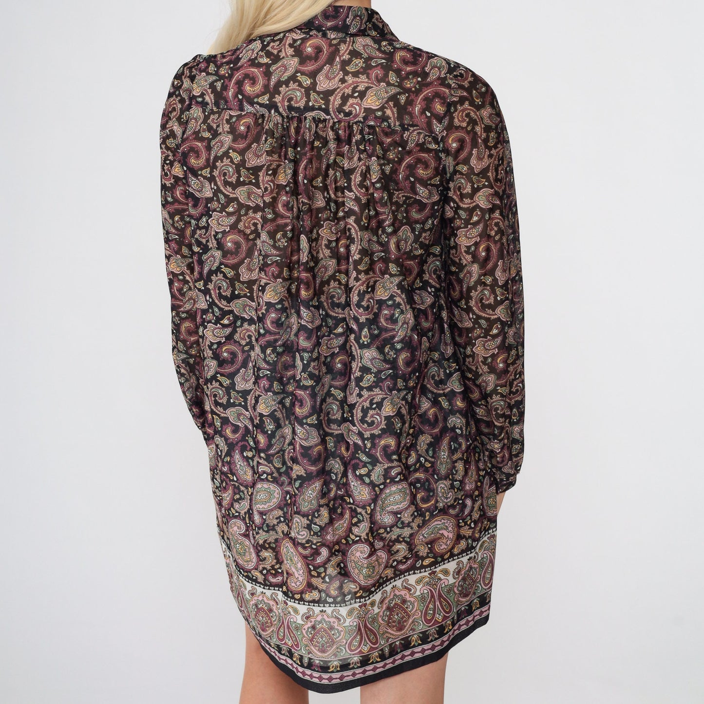 70s Paisley Mini Dress Black Shift Long Sleeve Button-Up Small