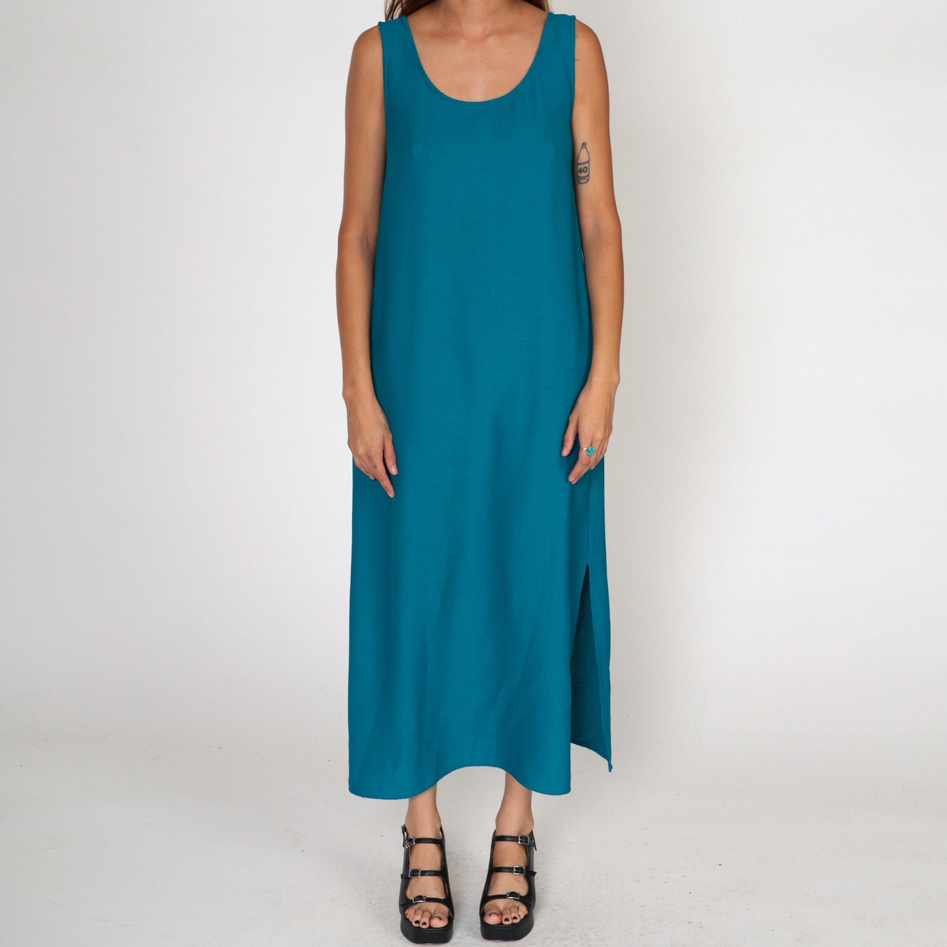 90s Blue Sleeveless Maxi Dress Side Slit Shift Ankle Length Medium