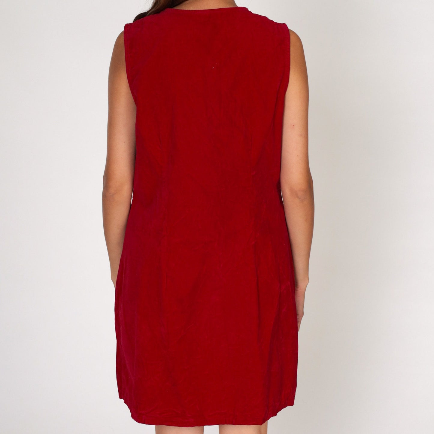 00s Faded Glory Velvet Jumper Dress Red Mini Shift Zip Front Large L