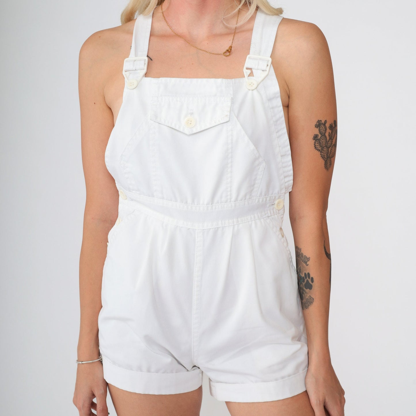 80s White High-Waisted Romper Playsuit Sleeveless Bib Pocket XXS