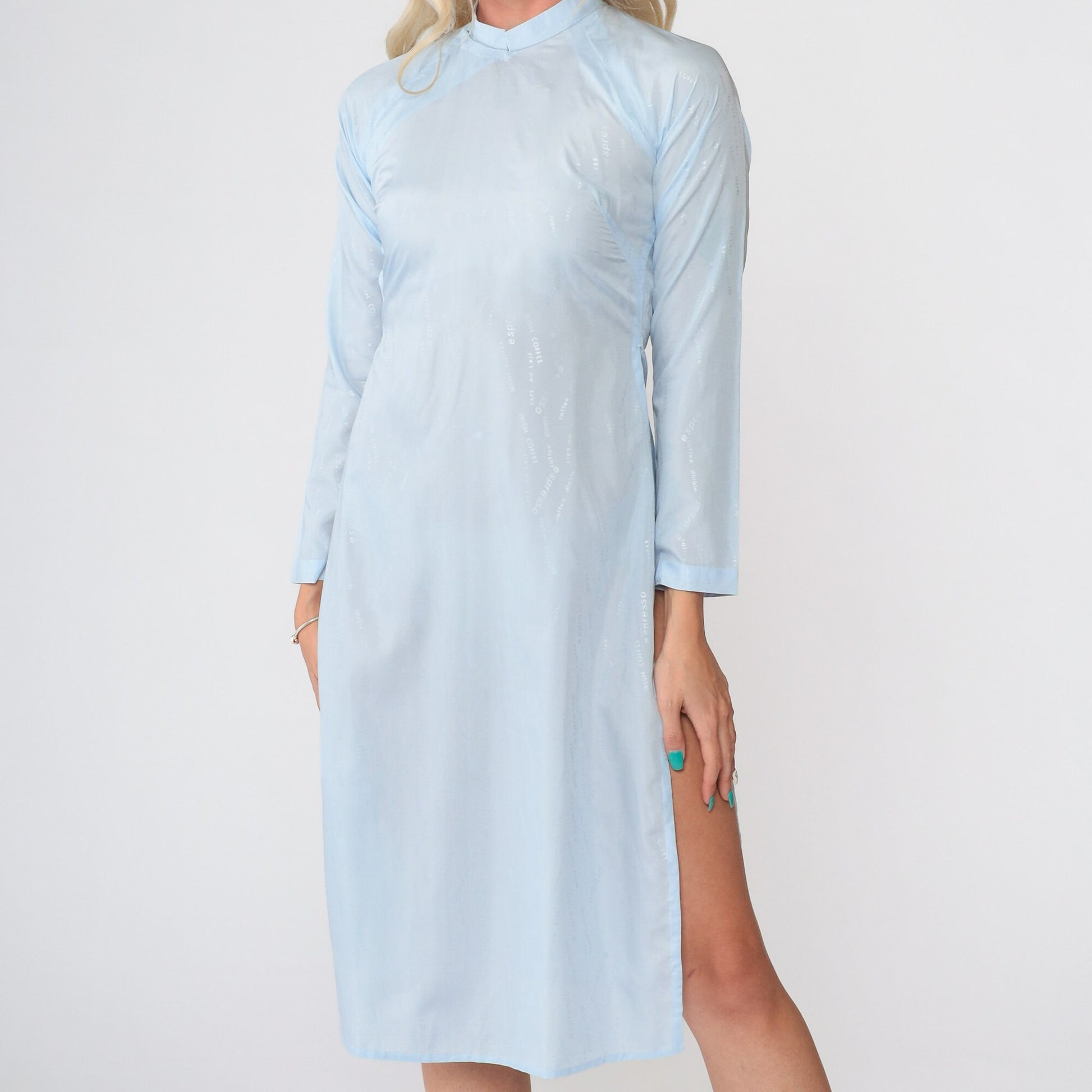 90s Vietnamese Ao Dai Midi Dress Baby Blue Coffee Graphic Mandarin Collar Extra Small