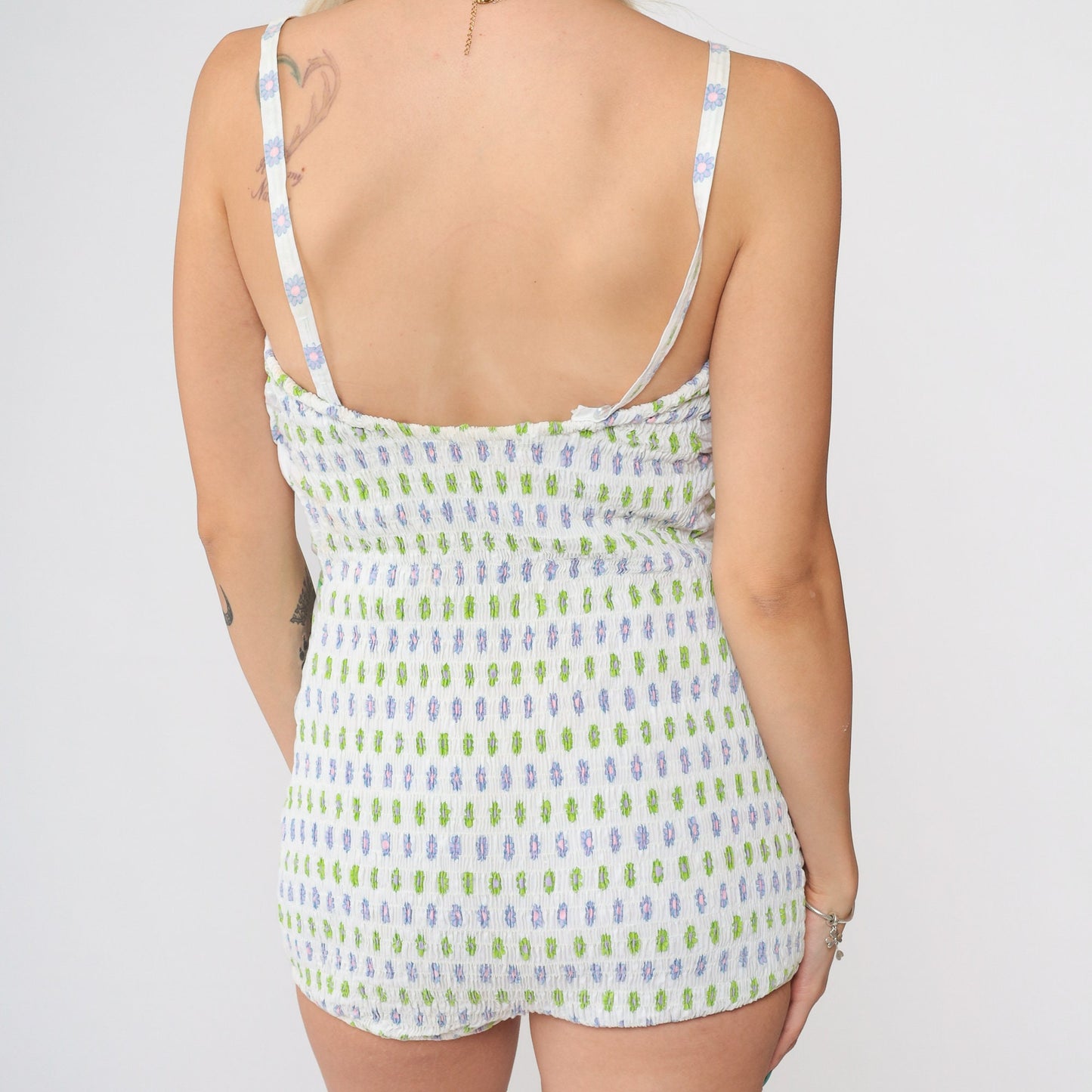 60s White Floral One-Piece Swimsuit Smocked Spaghetti Strap Small Medium