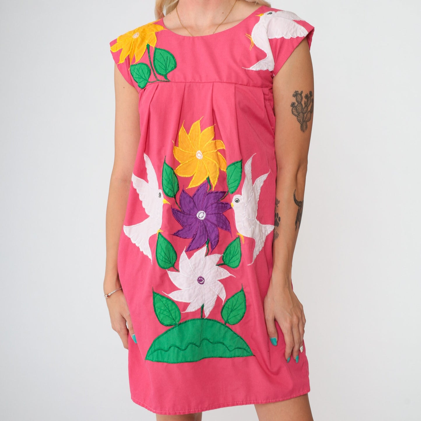 80s Mexican Embroidered Mini Dress Pink Floral Bird Cap Sleeve Cotton XXS