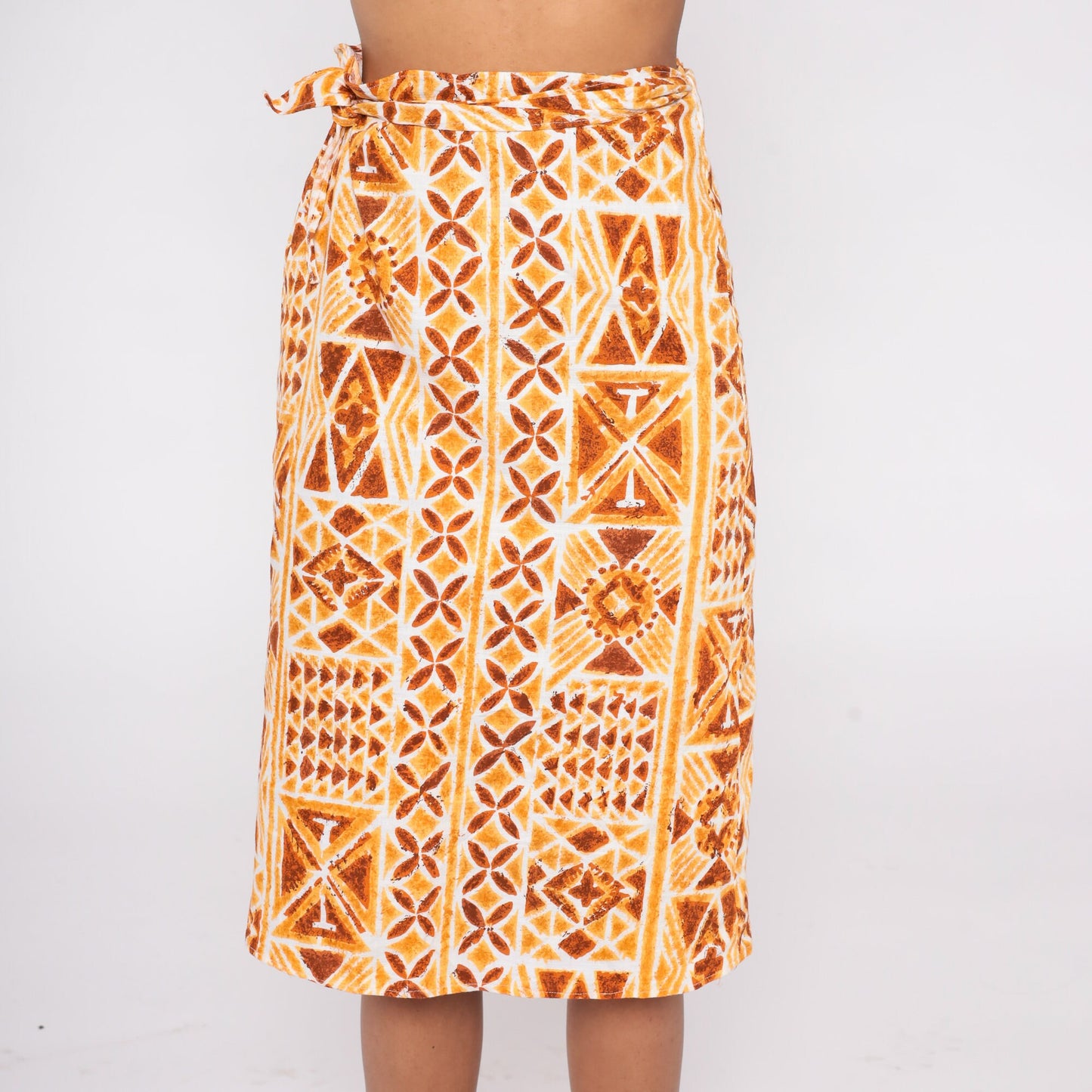 90s Geometric Stamp Print Wrap Skirt Knee Length Orange Extra Small XS