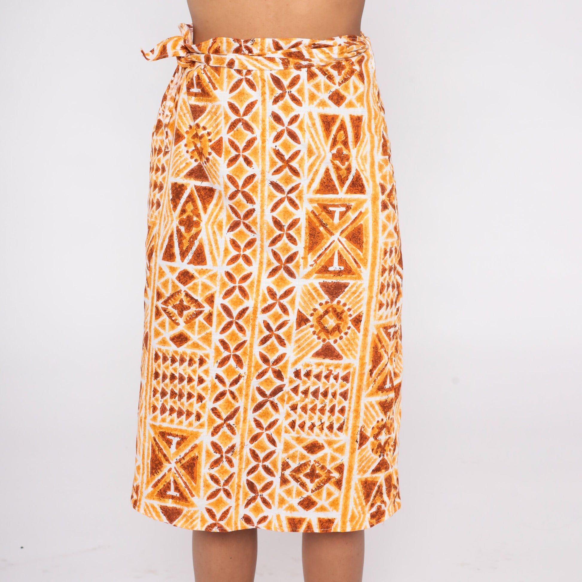 90s Geometric Stamp Print Wrap Skirt Knee Length Orange Extra Small XS