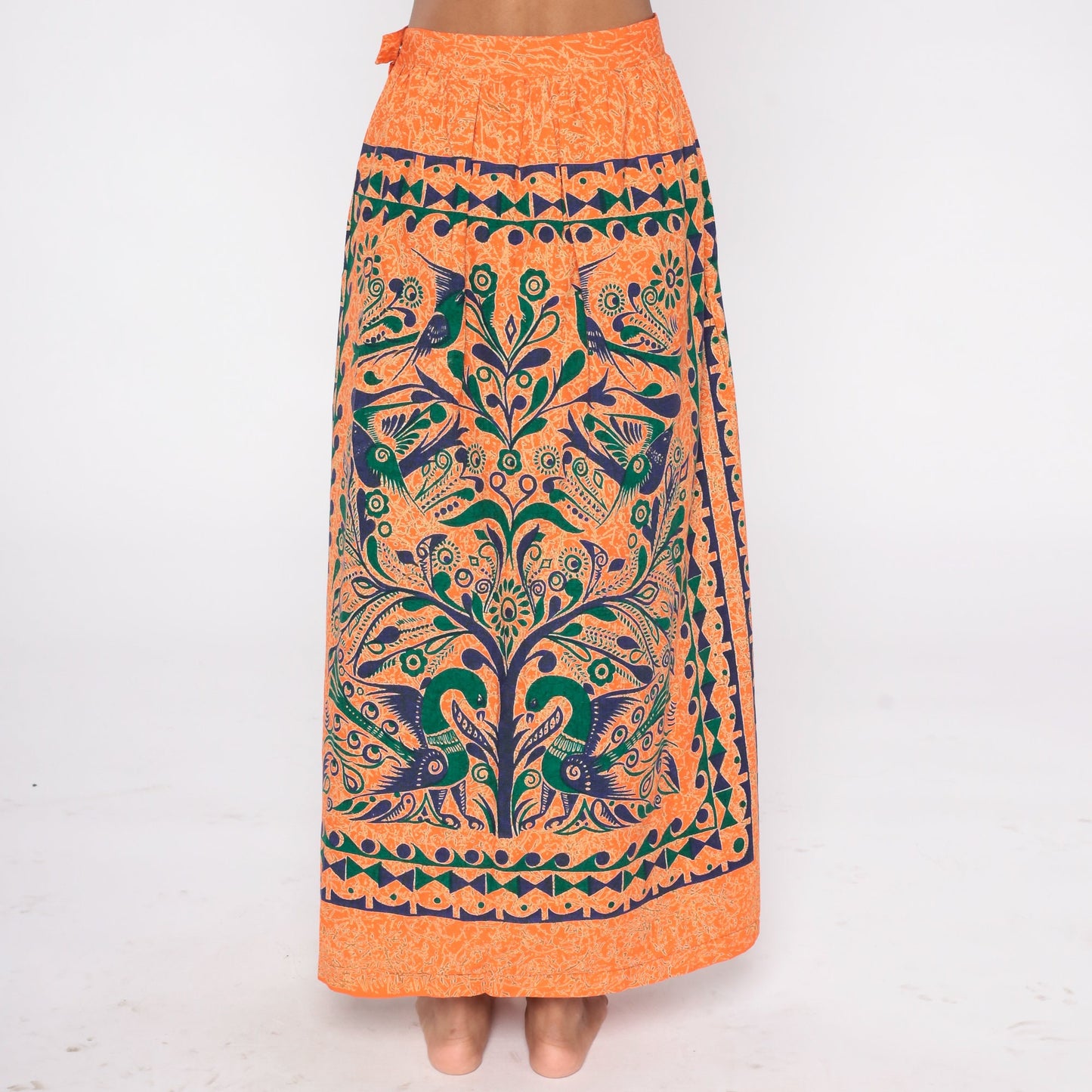 00s Tree of Life Bird Print Maxi Skirt Orange Floral Cotton Small