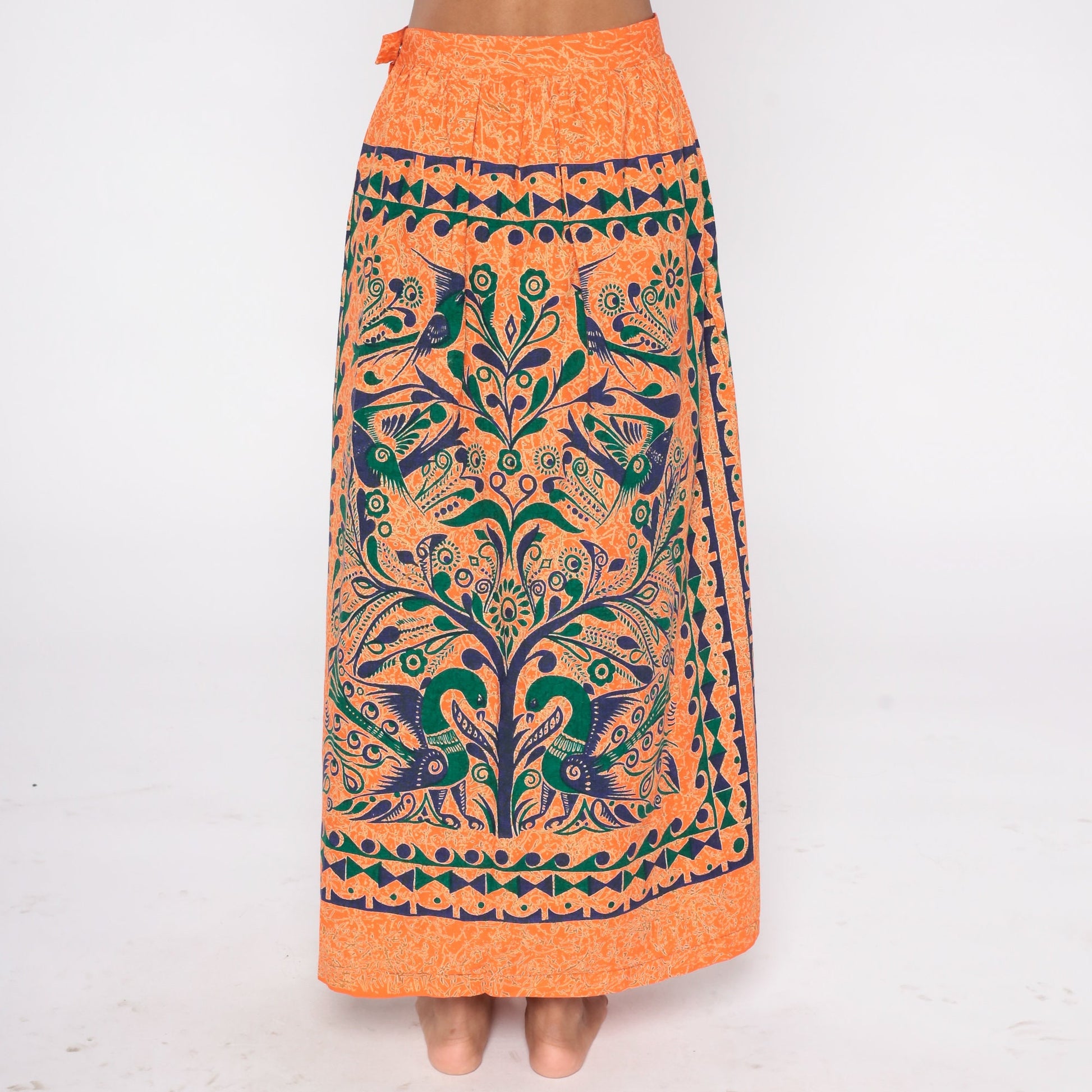 00s Tree of Life Bird Print Maxi Skirt Orange Floral Cotton Small