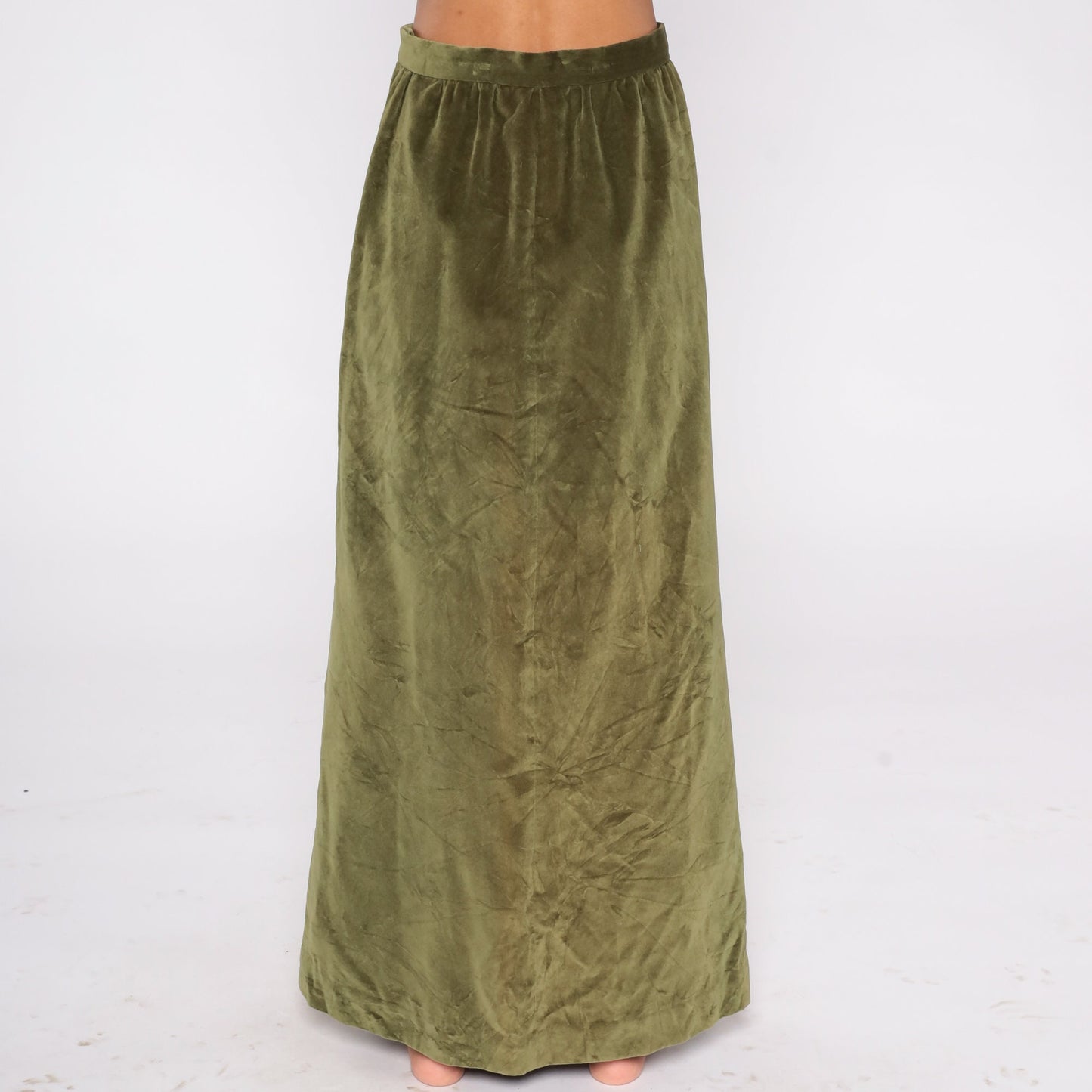 80s Green Velvet Maxi Skirt High Waist Front Slit Small