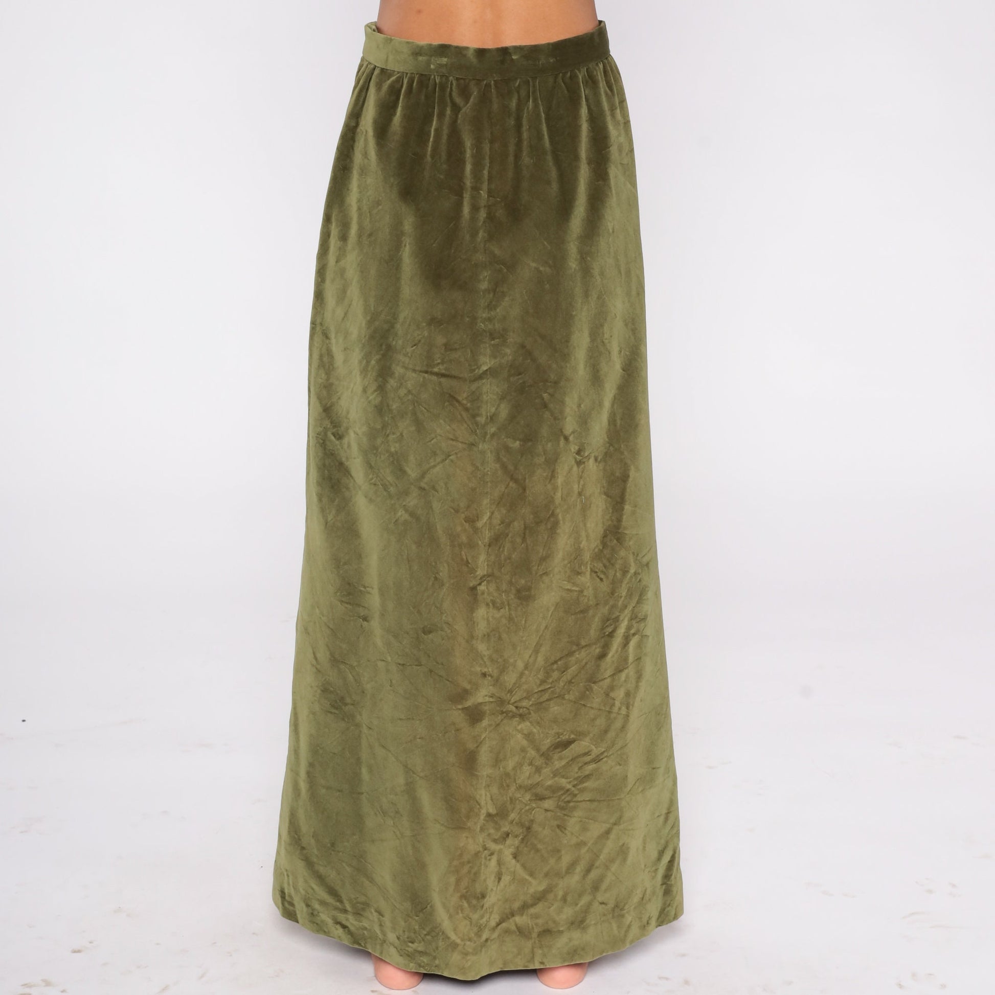 80s Green Velvet Maxi Skirt High Waist Front Slit Small