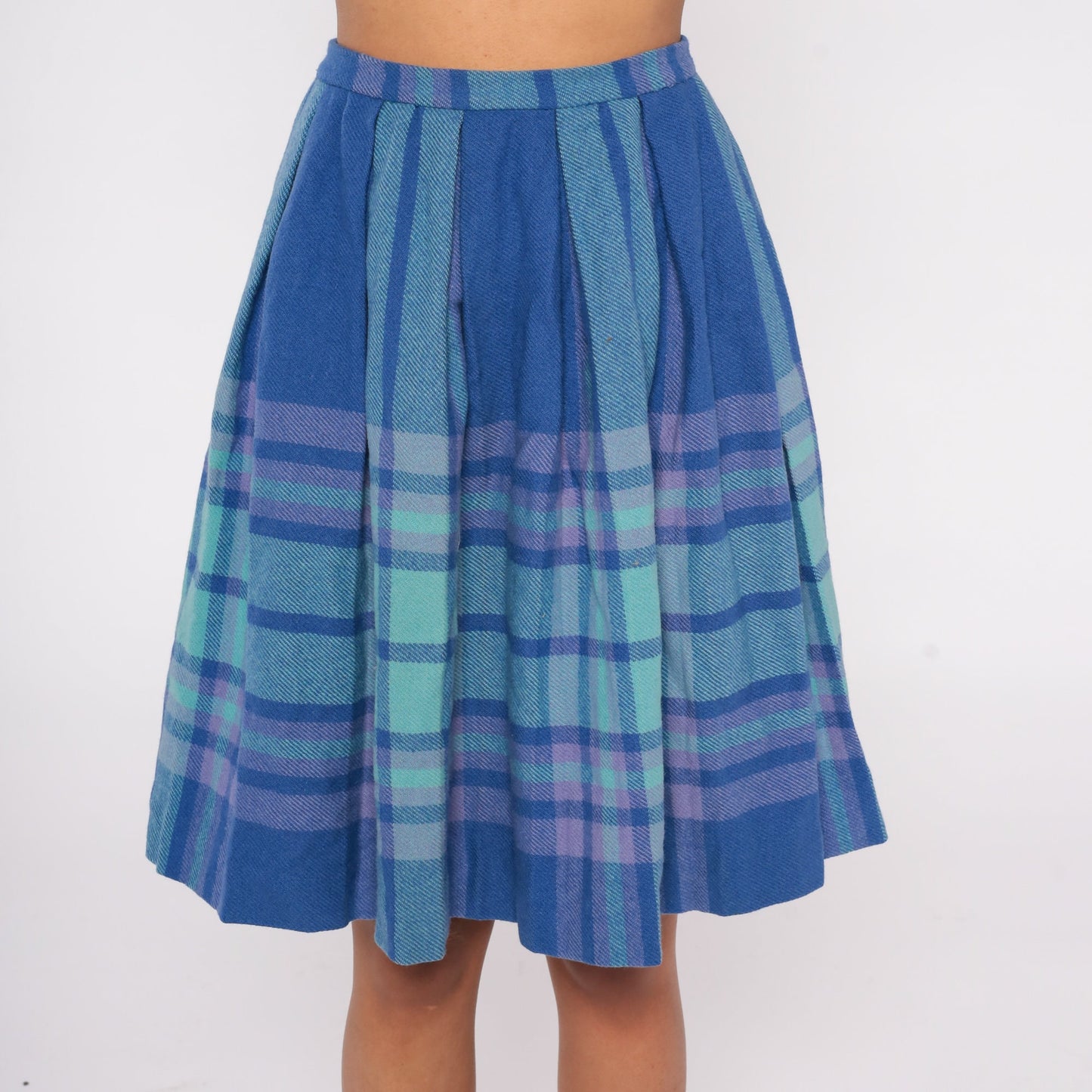 70s Blue Plaid Wool Mini Skirt High Waisted Pleated Tartan Extra Small