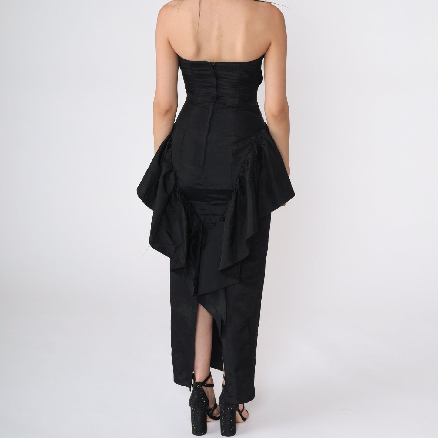80s Gunne Sax Black Glitter Strapless Maxi Dress Sweetheart Neckline XXS