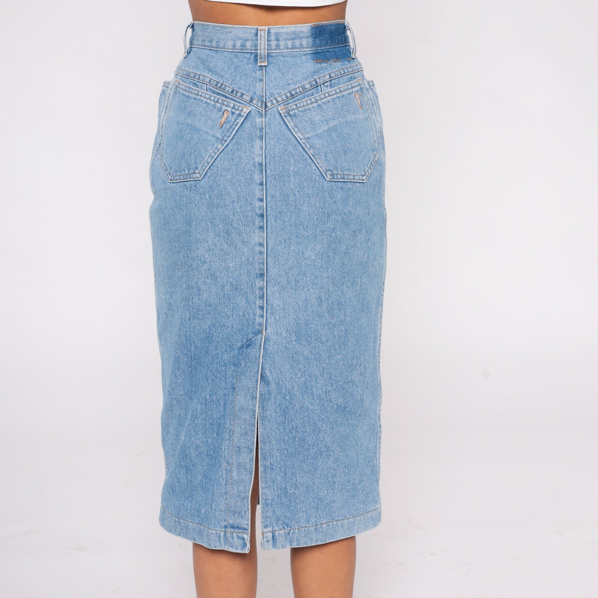 90s Blue Denim Midi Pencil Skirt High Waist Rear Slit Extra Small XS