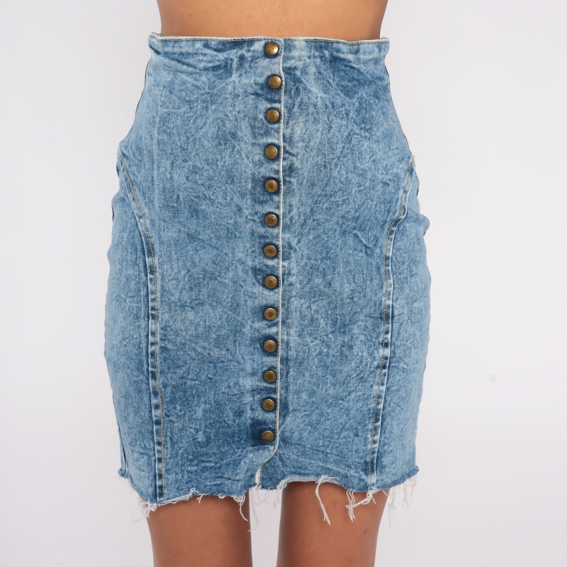 90s Pleeze Acid Wash Denim Mini Skirt High Waist Snap Front Blue Extra Small