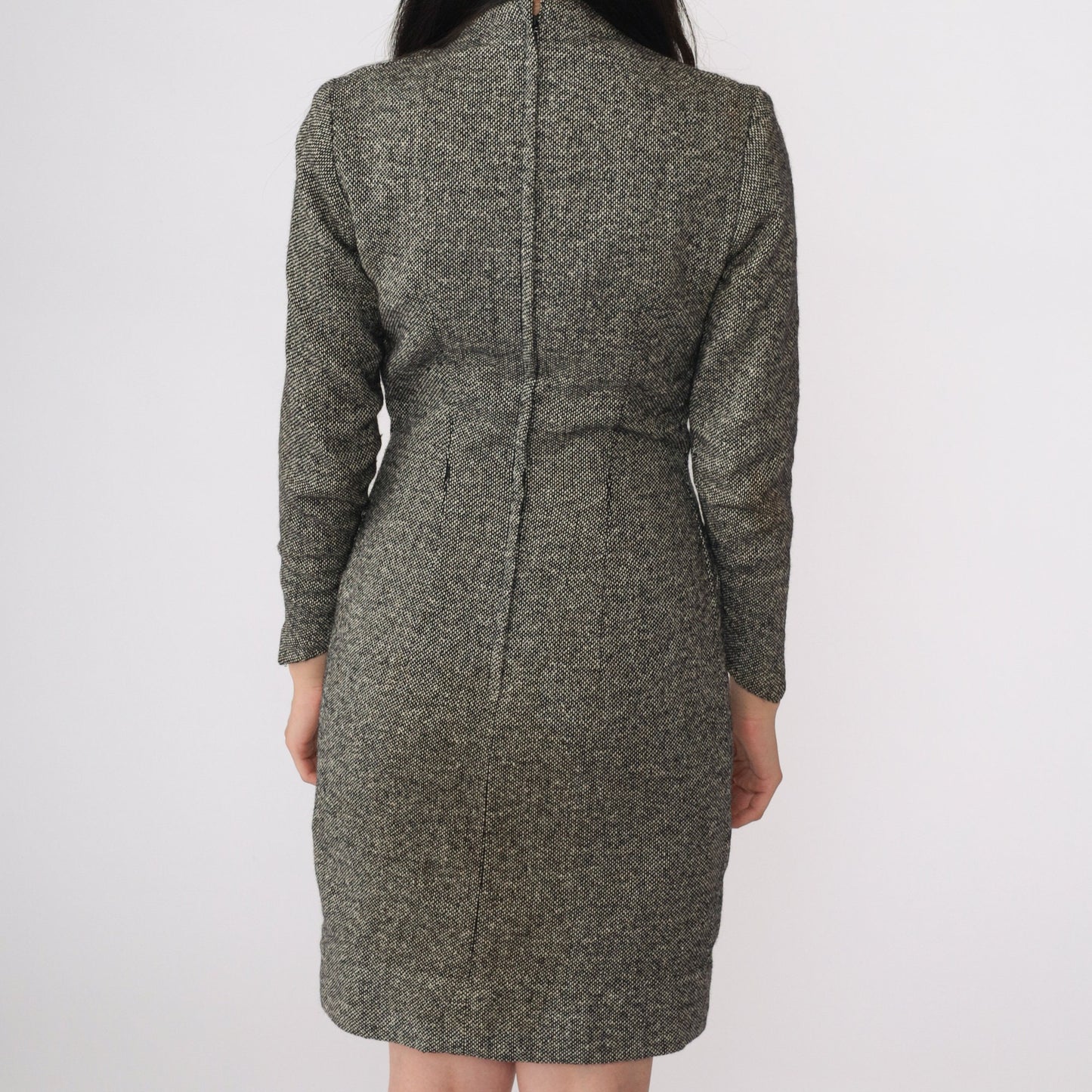 1960s S Eisenberg Wool Dress Black White Flecked Mock Neck Long Sleeve Small