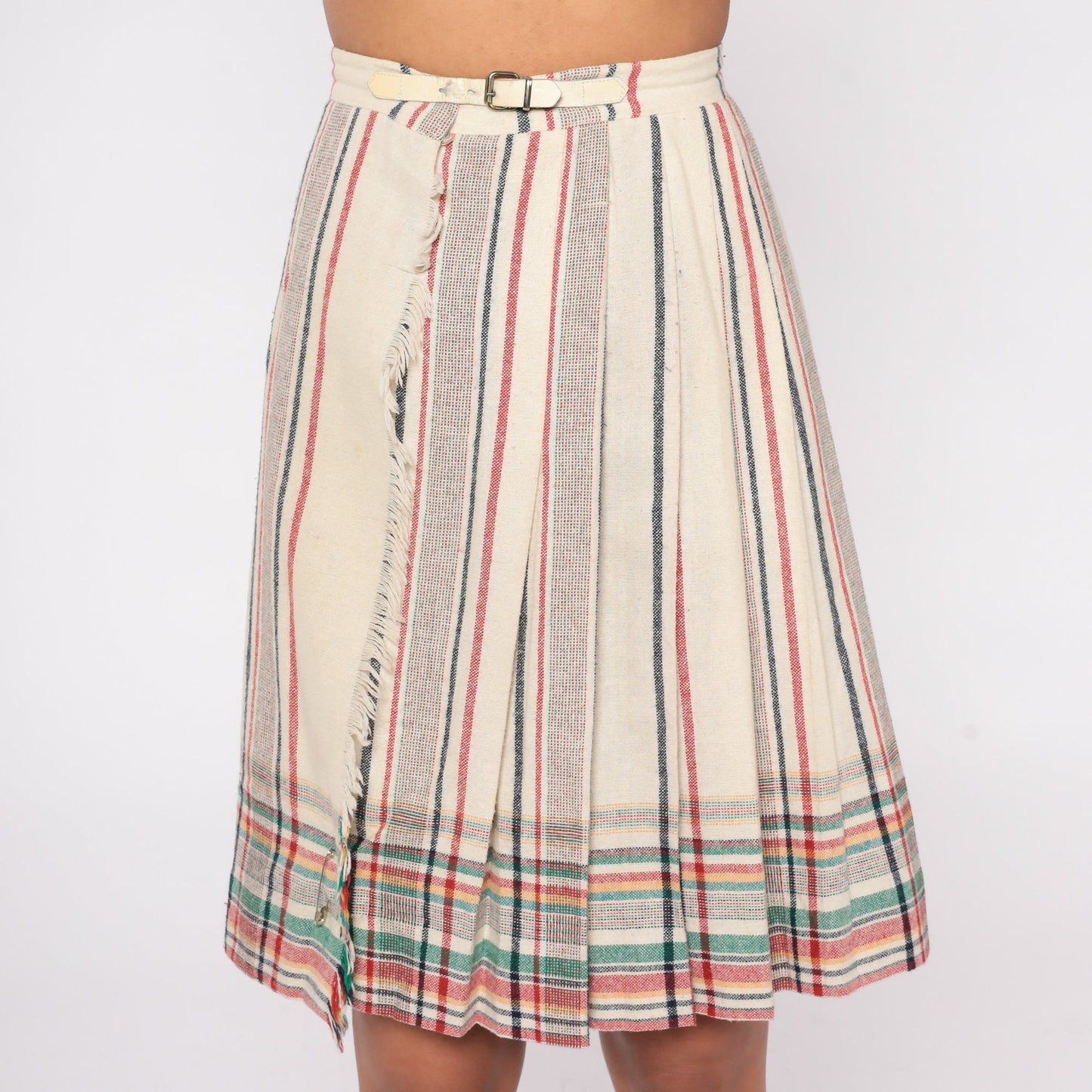 80s Plaid Wool Blend Mini Skirt High Waisted Buckle Strap Pleated XS