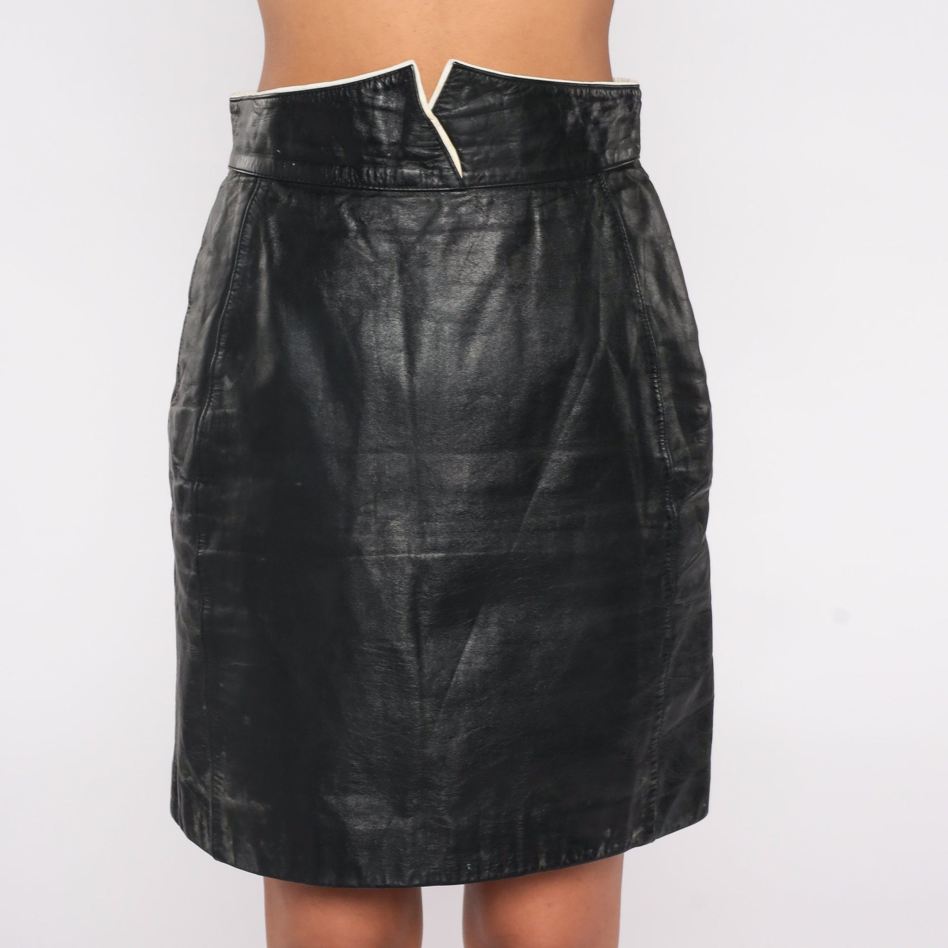 90s Black Leather Mini Skirt High Waisted Pencil White Trim Small S