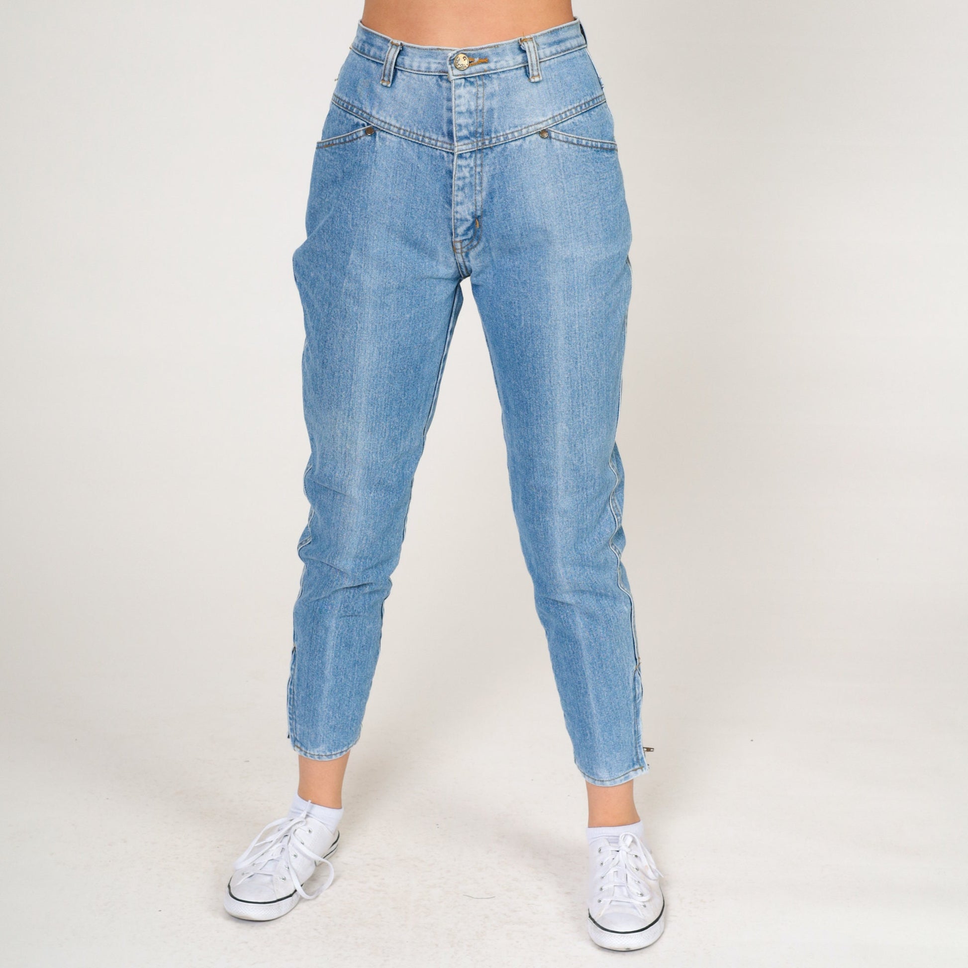 80s High-Waisted Skinny Jeans Ankle Zipper Faded Blue Denim Extra Small