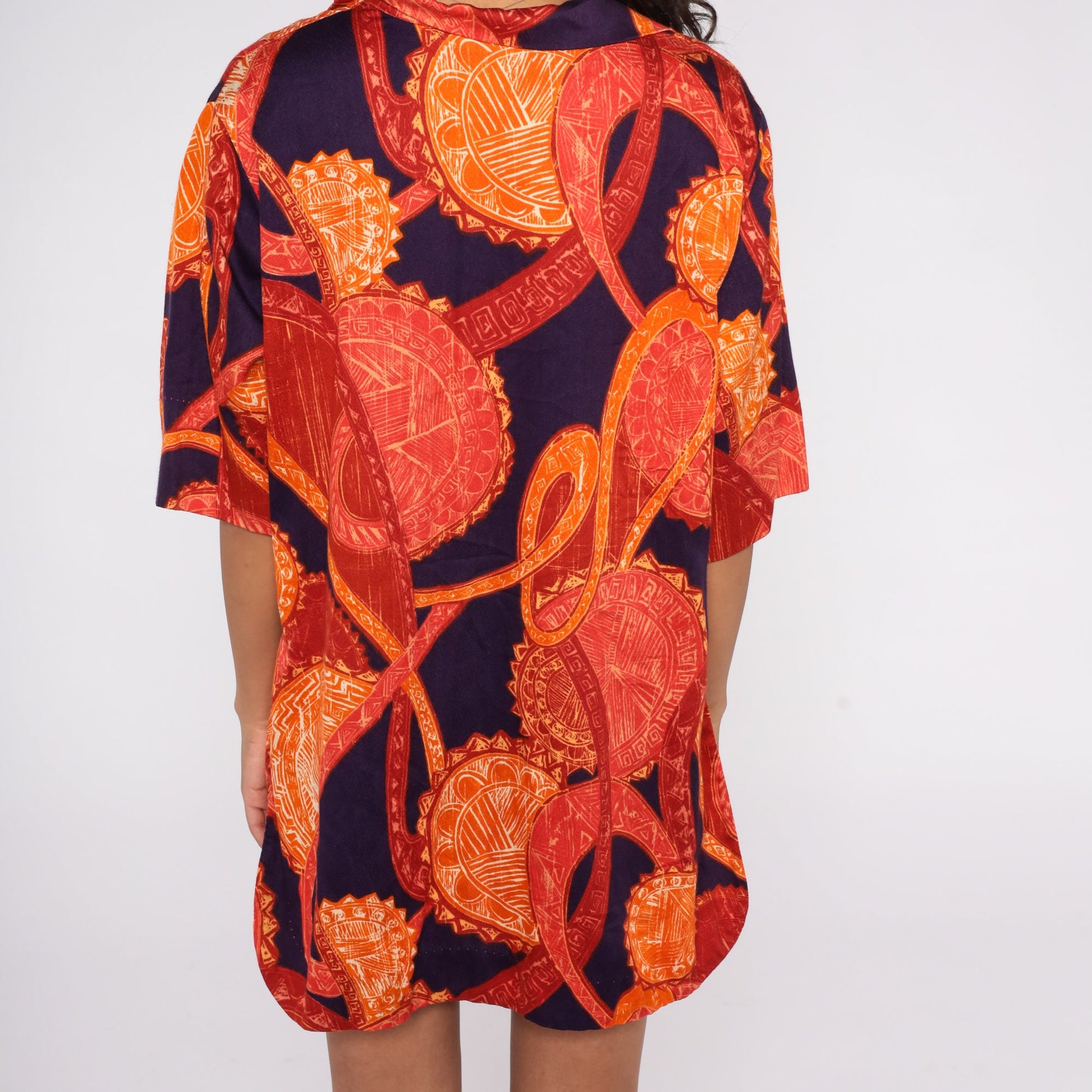 70s Purple Orange Abstract Medallion Print Button-Up Blouse Short Sleeve Extra Large XXL