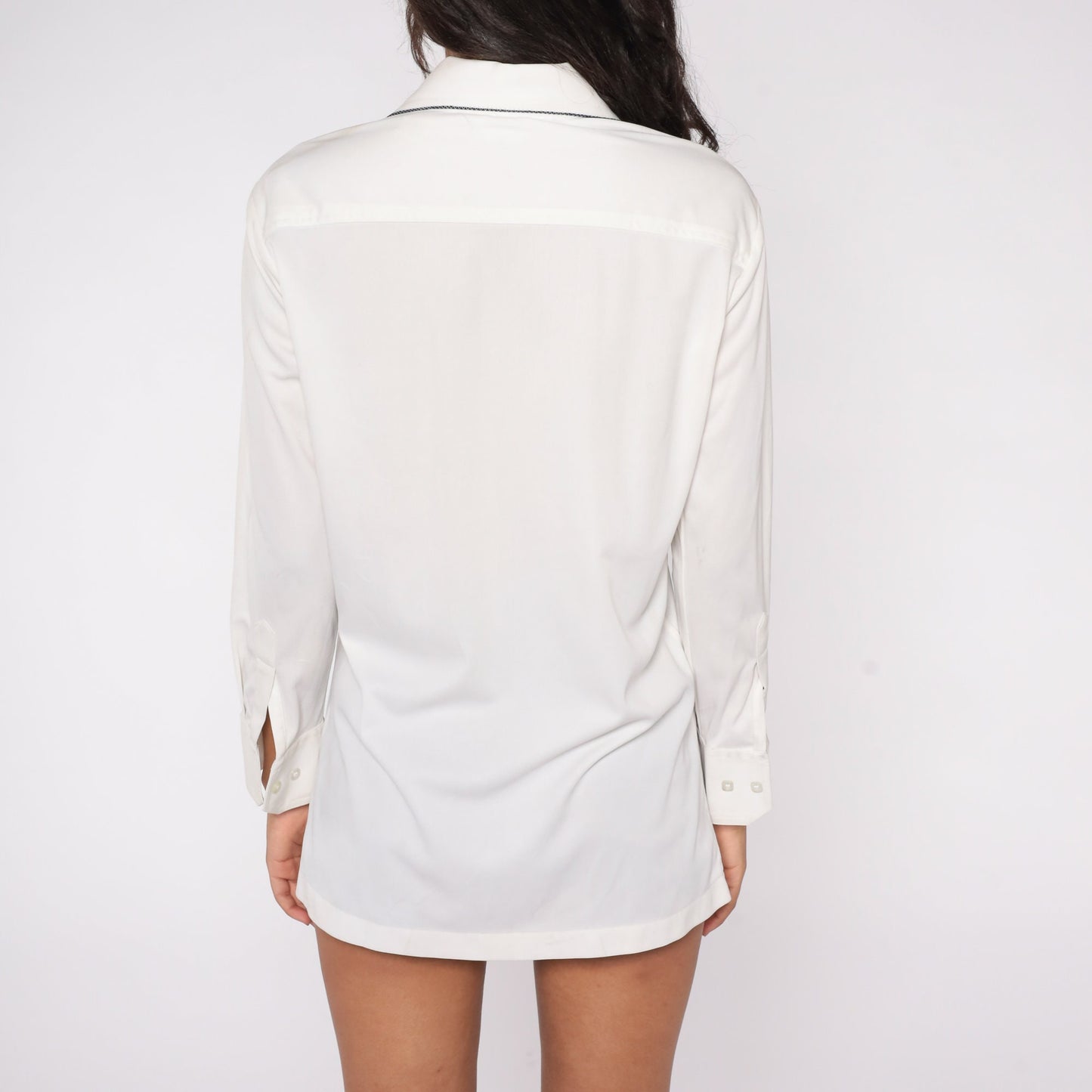 70s Da Vinci White Button Up Shirt Black Trim Chest Pocket Medium