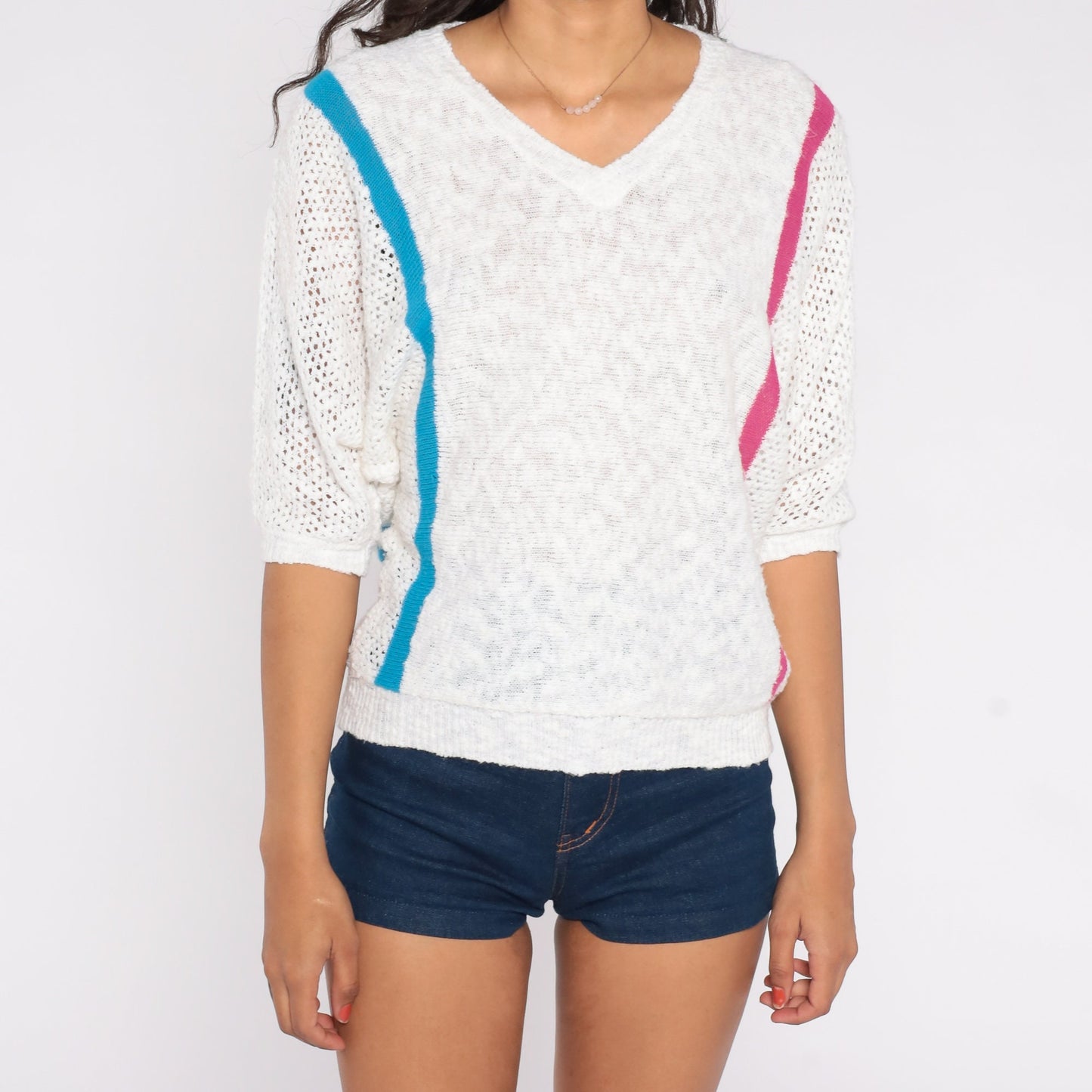 80s White Striped Knit Sweater Top Pink Blue V-Neck Short Sleeve Medium Large