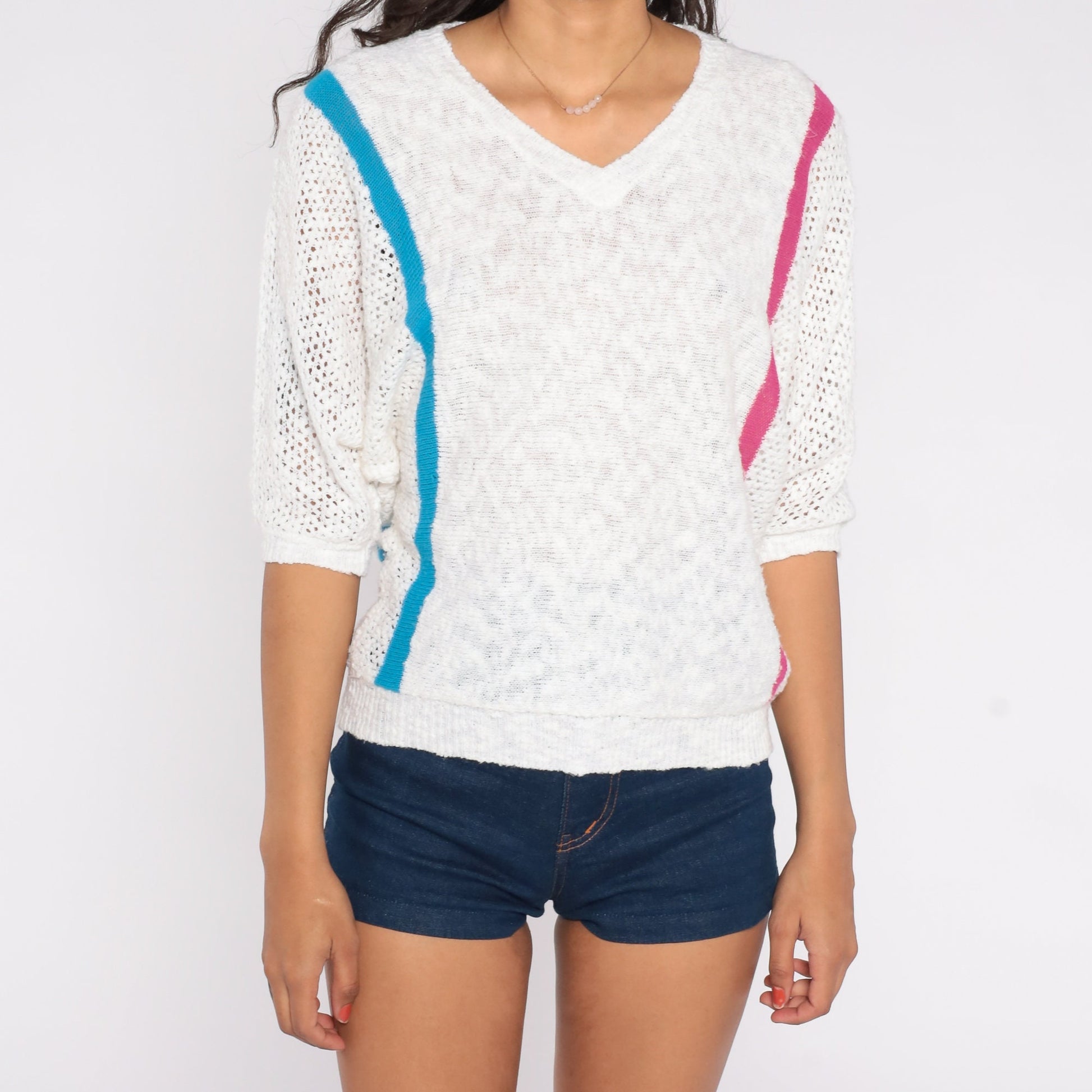 80s White Striped Knit Sweater Top Pink Blue V-Neck Short Sleeve Medium Large