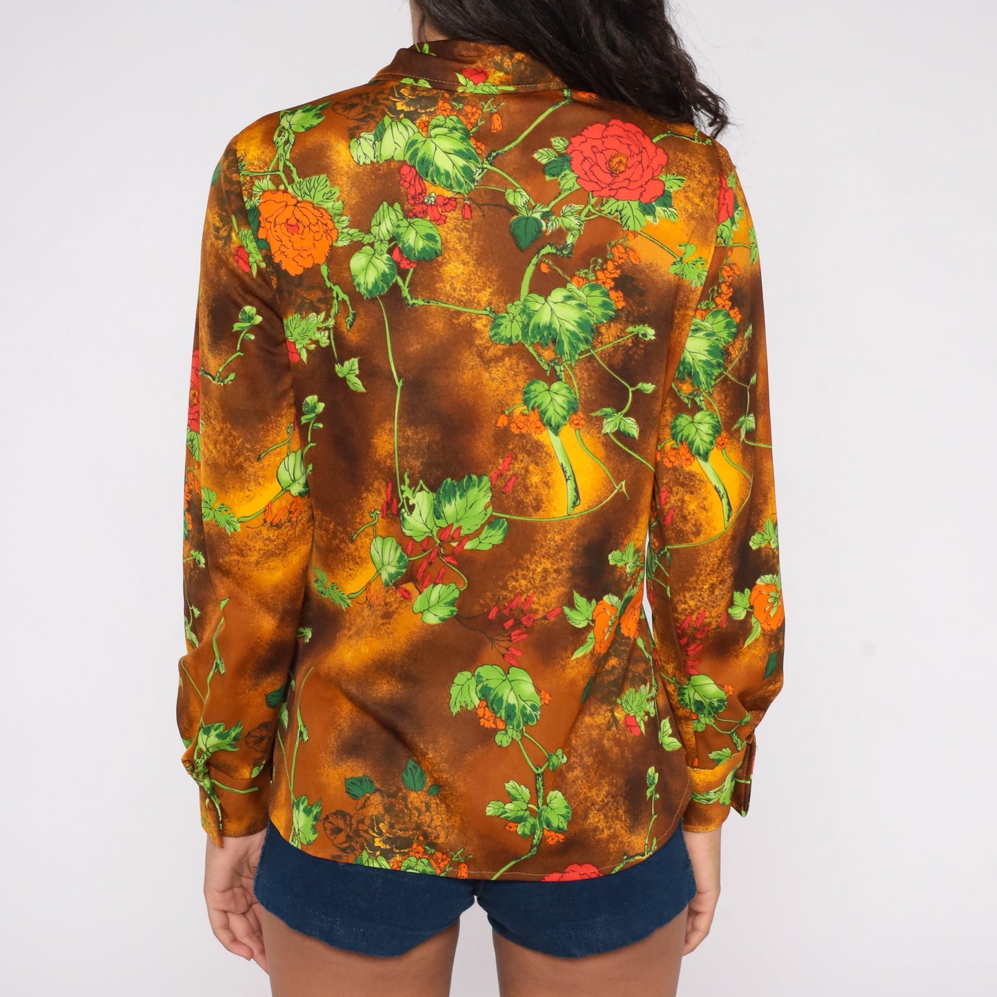 70s Floral Disco Shirt Brown Yellow Cloud Dye Button Up Pointed Collar Medium