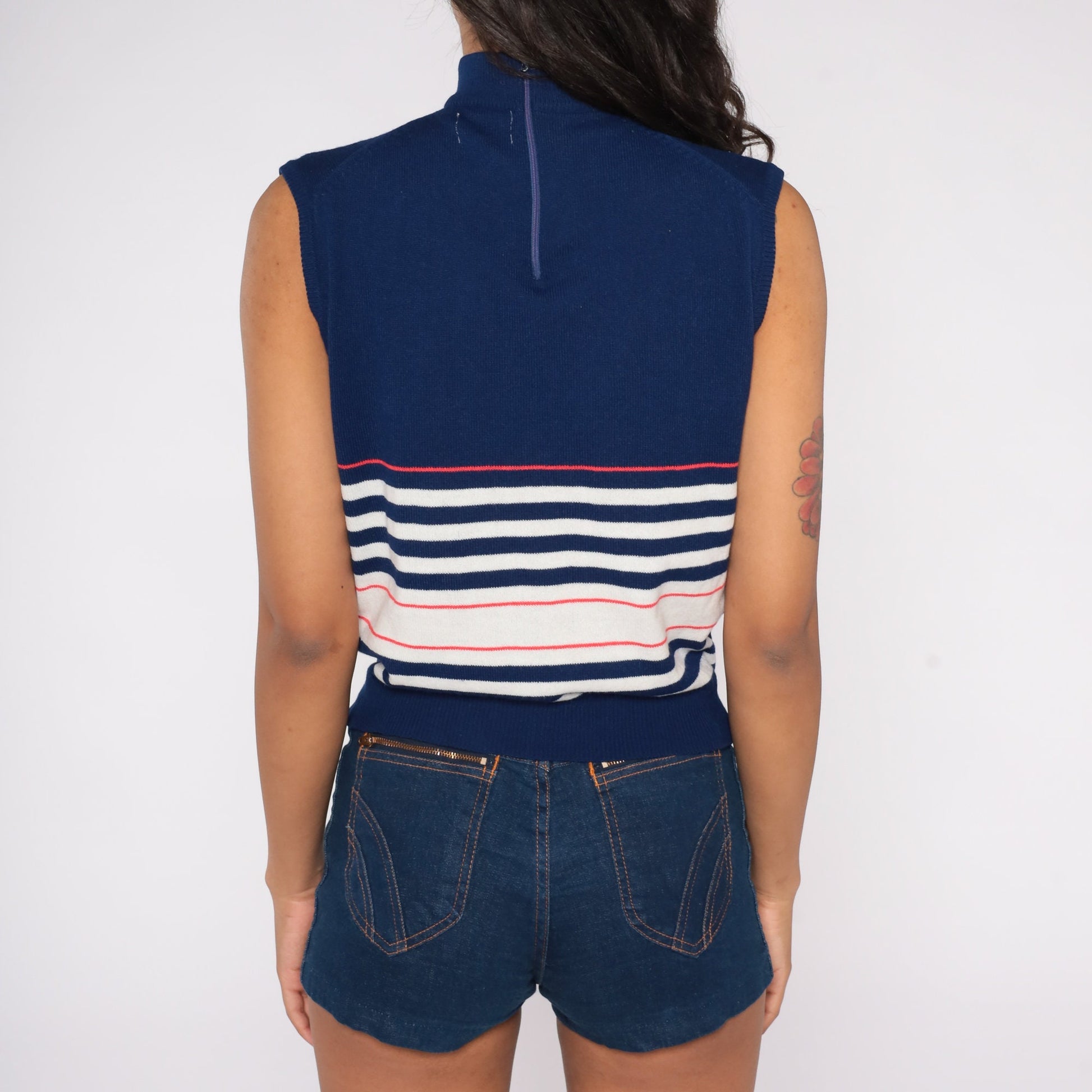 70s Blue Striped Knit Tank Top Mock Neck Sleeveless Sweater Medium