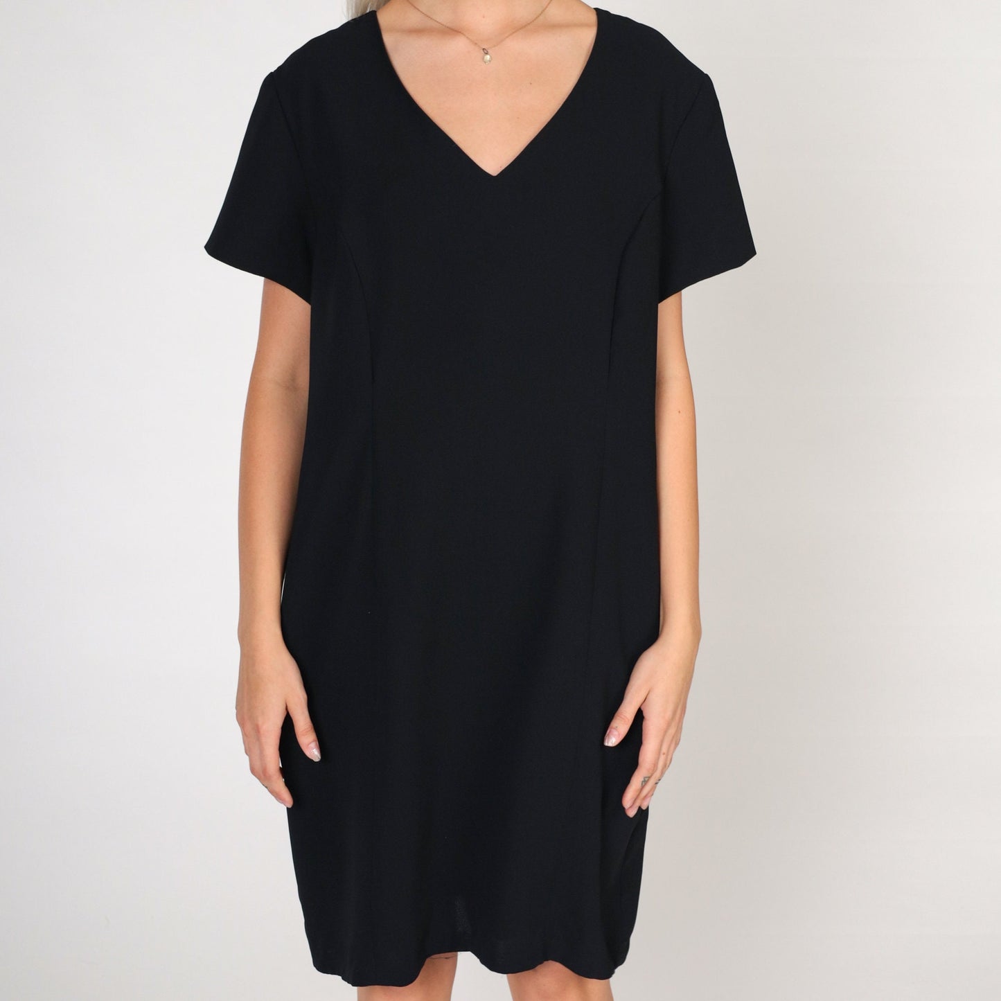90s Black Mini Dress Sheath Cut Short Sleeve Petite 14