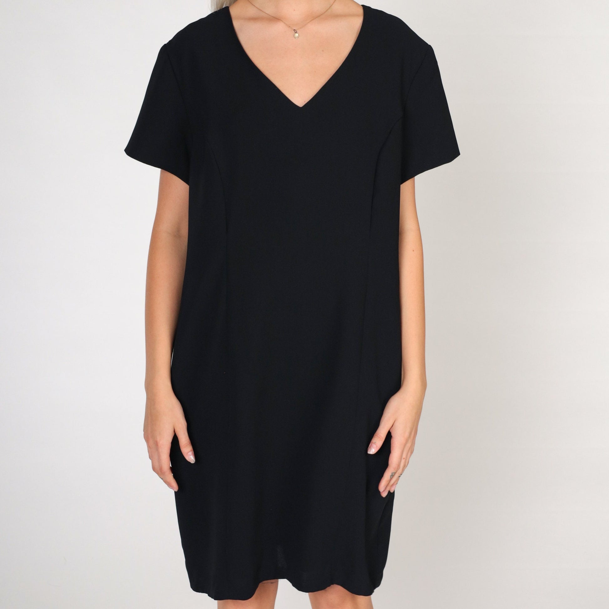 90s Black Mini Dress Sheath Cut Short Sleeve Petite 14