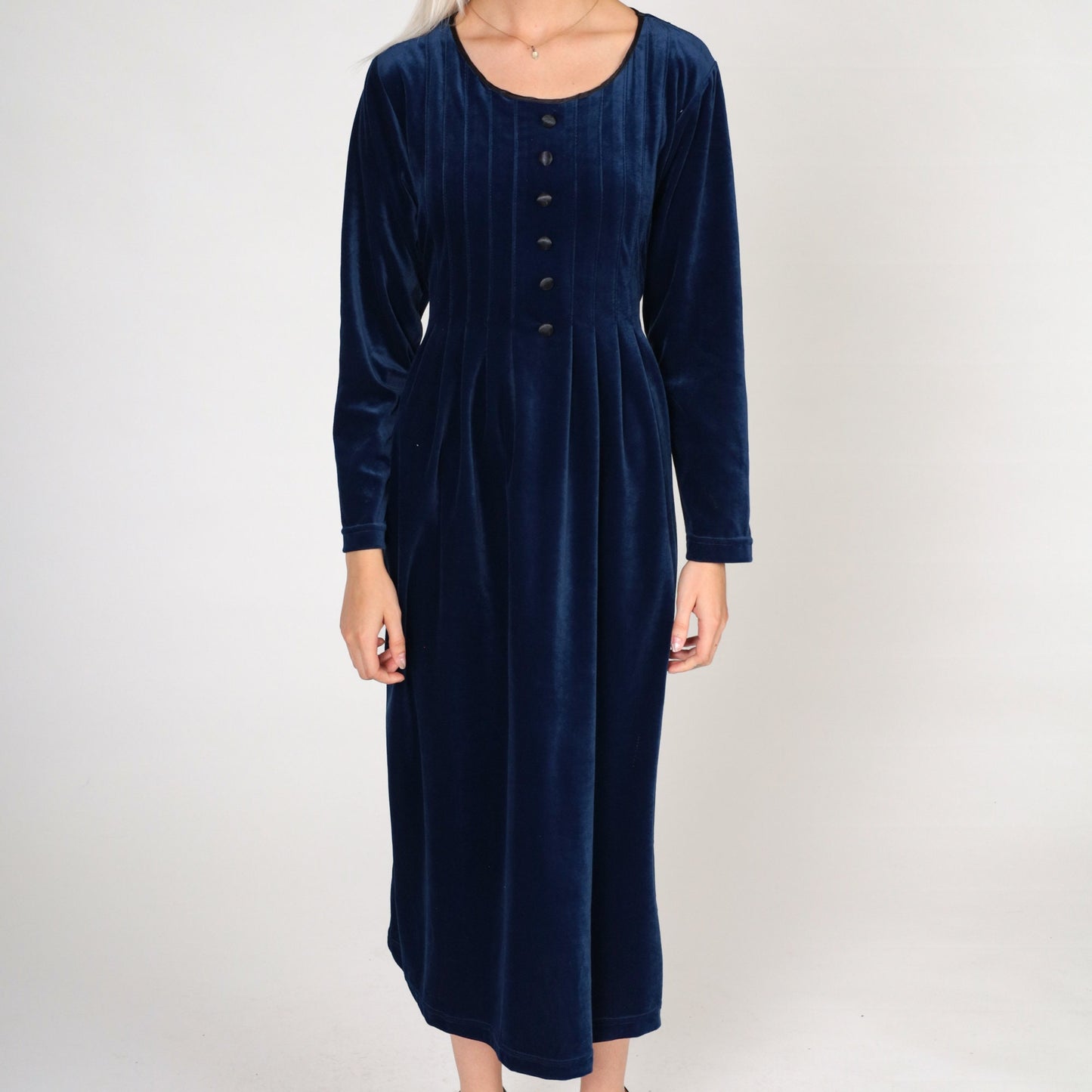 90s Blue Velvet Midi Dress Long Sleeve Button Front Shift Petite Medium