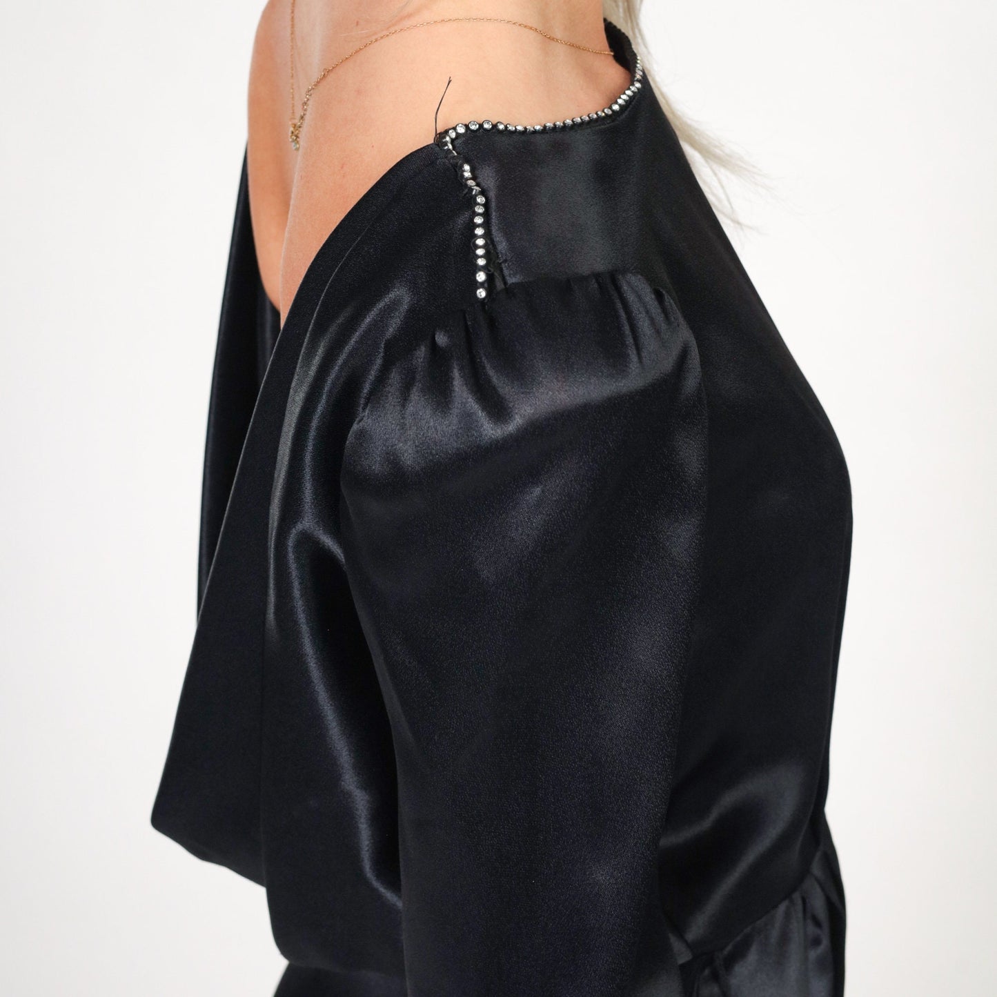 80s Black Satin Midi Dress Rhinestone Neckline Puff Sleeve High Waist Small