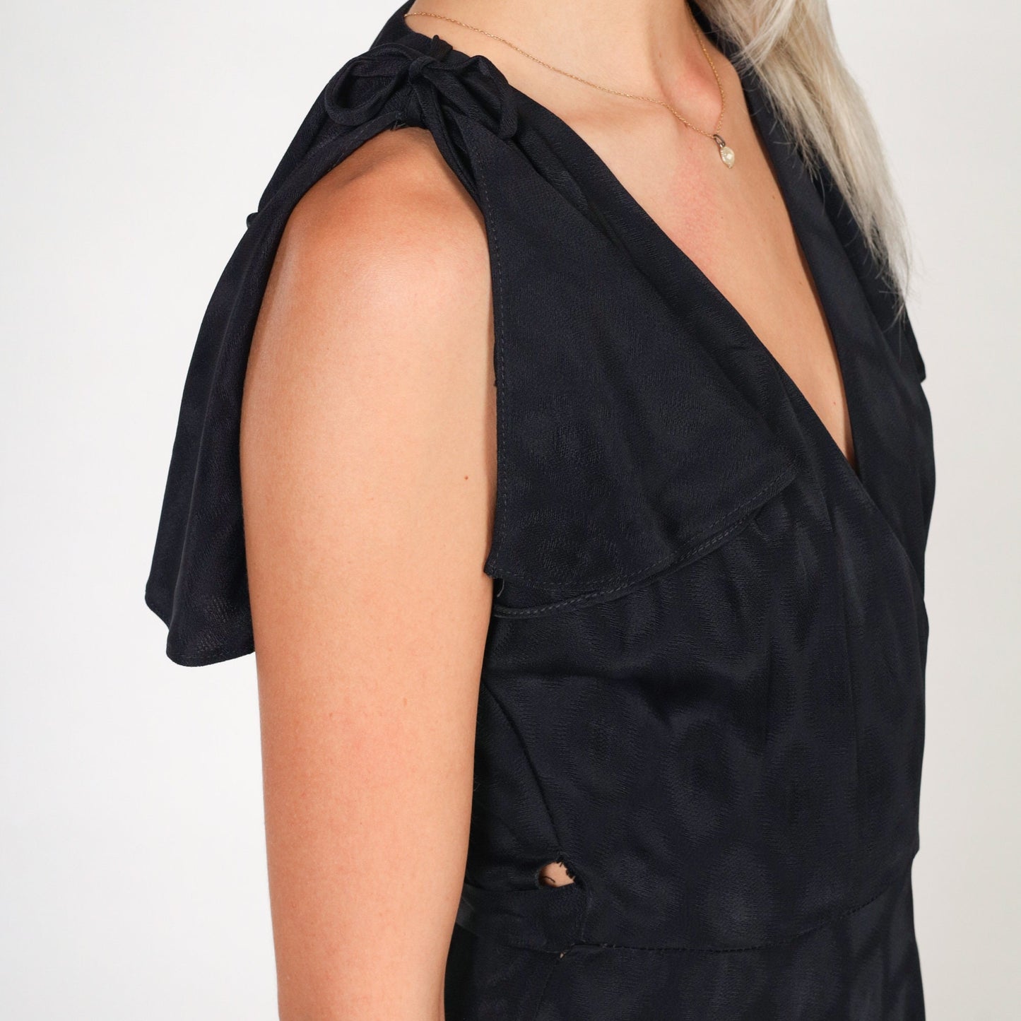 70s Black Grecian Maxi Dress Flutter Sleeve Wrap Deep V Embossed Geometric Extra Small